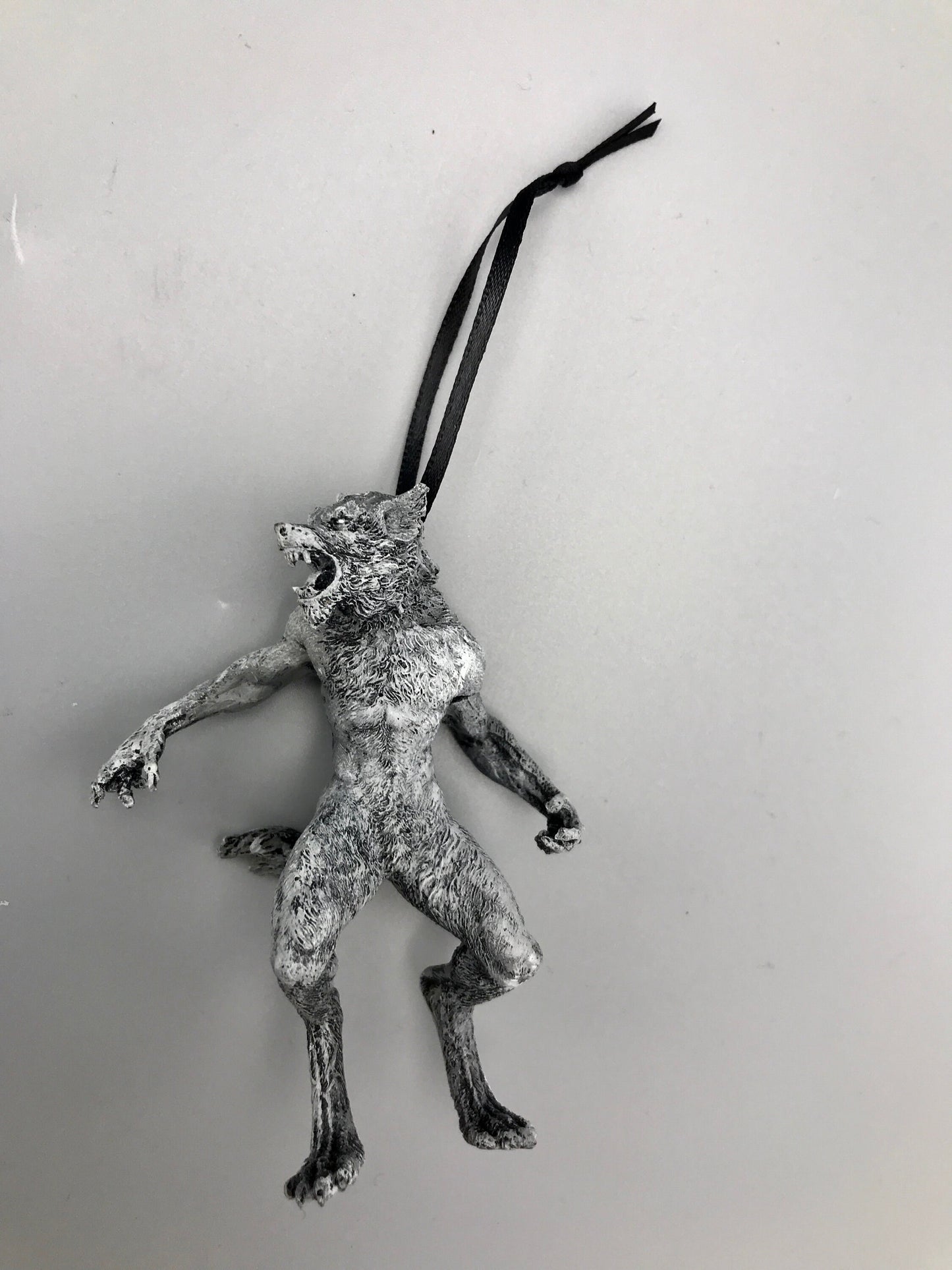Werewolf Ornament, Grayscale, Hand Painted Resin Sculpture | Gothic Halloween Legendary Monster | Dark Folklore for Spooky Holiday Ornament