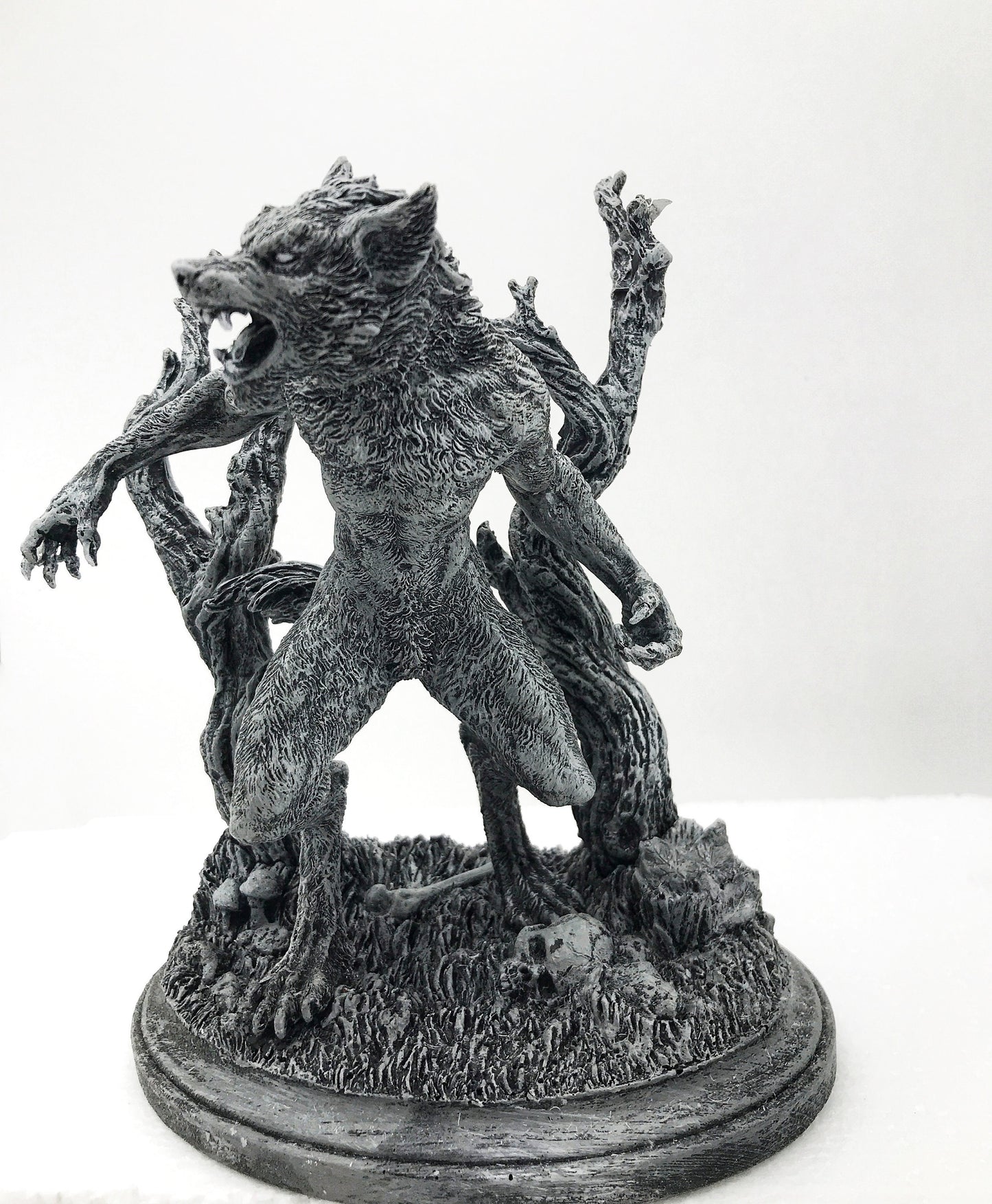 Werewolf Statue, Hand Painted Grayscale Resin Sculpture | Gothic Halloween Legendary Monster Figurine | Dark Art for Spooky Home Decor