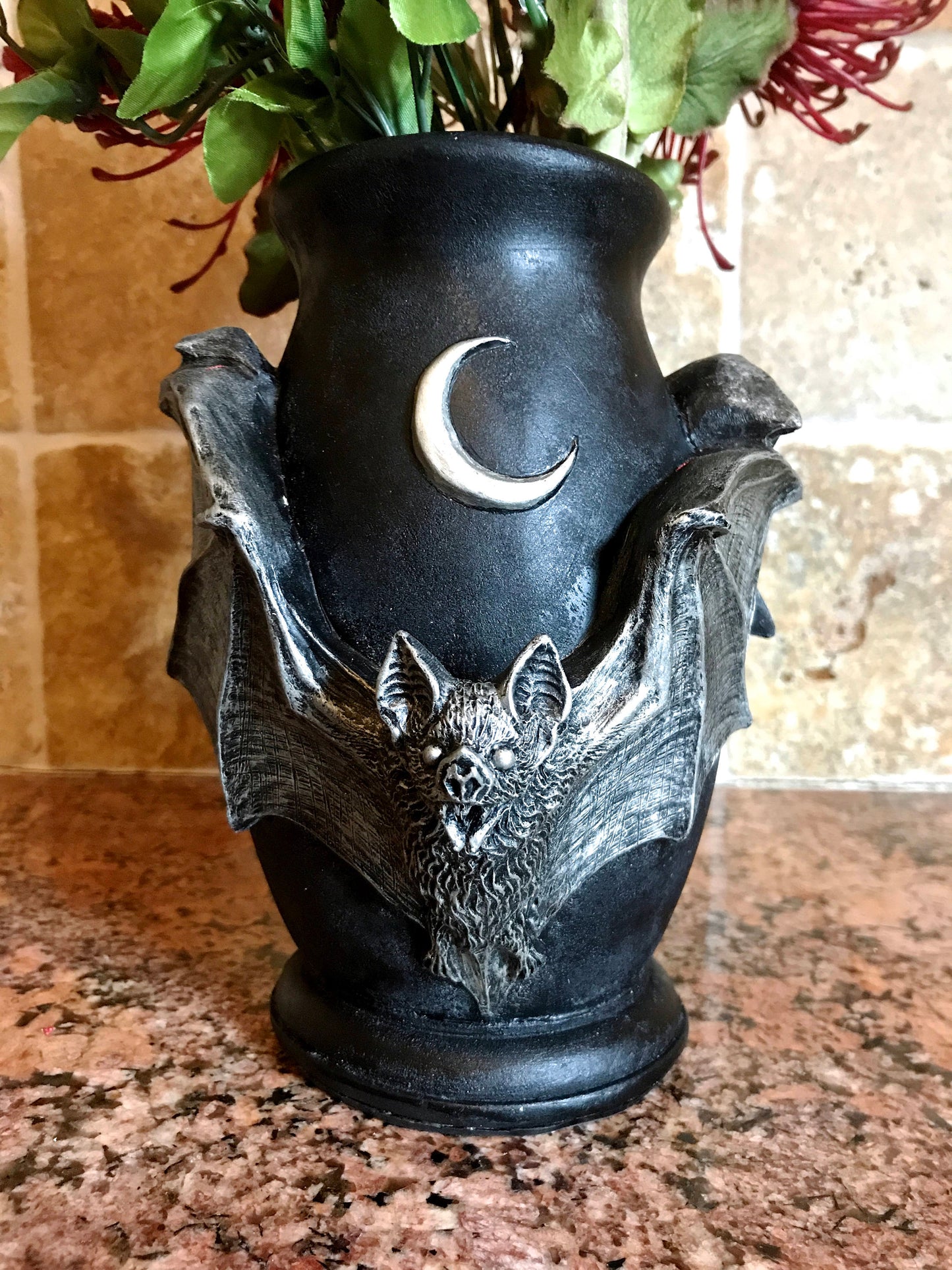 Vampire Bat Vase, Hand Painted Resin Sculpture | Unique Gothic Home Decor | Bat Vase Spooky Halloween Gift and Gothic Home Decor