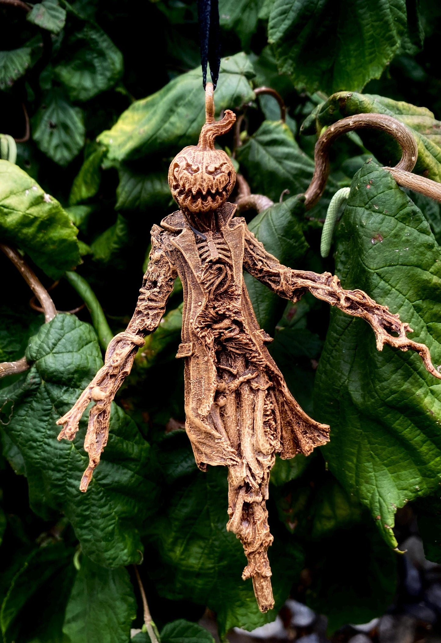 Scarecrow Ornament, Jack O' Lantern Version | Gothic Halloween Nightmare Creature Figurine | Dark Folklore Art for Spooky Holiday Decor