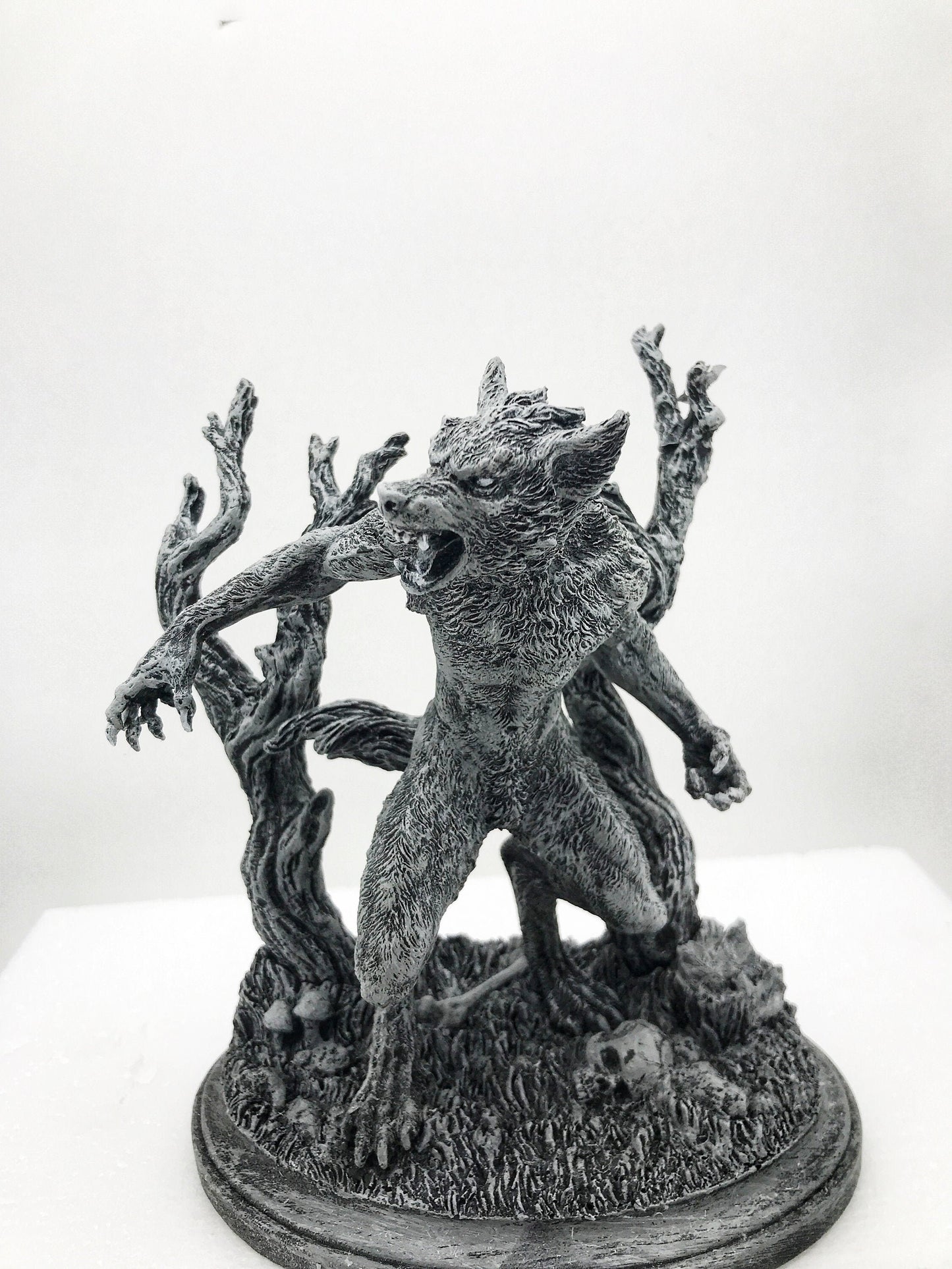 Werewolf Statue, Hand Painted Grayscale Resin Sculpture | Gothic Halloween Legendary Monster Figurine | Dark Art for Spooky Home Decor