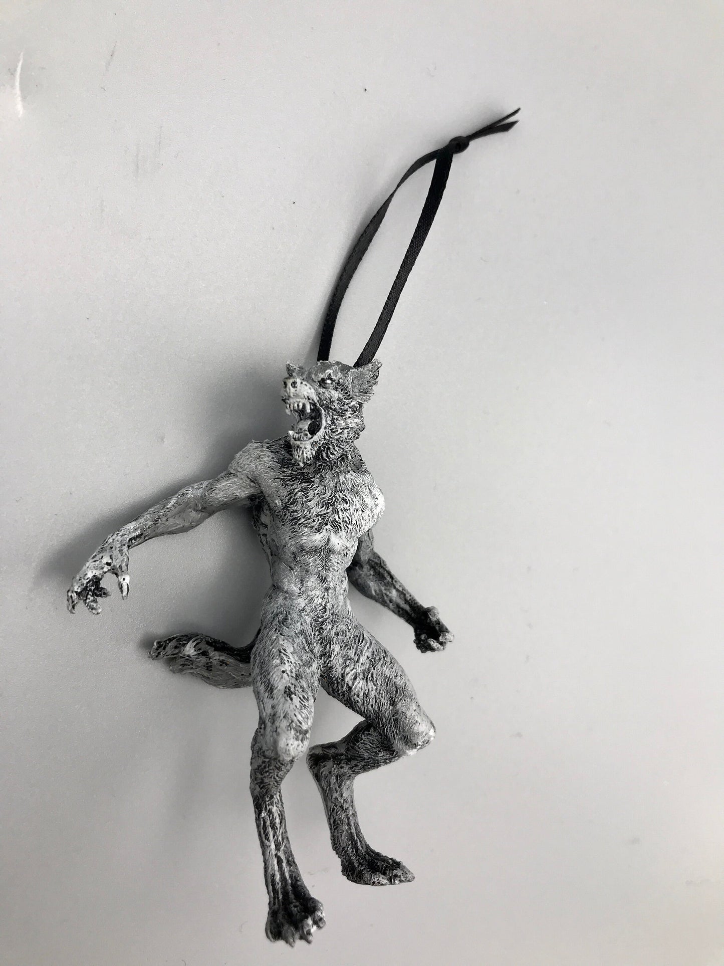 Werewolf Ornament, Grayscale, Hand Painted Resin Sculpture | Gothic Halloween Legendary Monster | Dark Folklore for Spooky Holiday Ornament