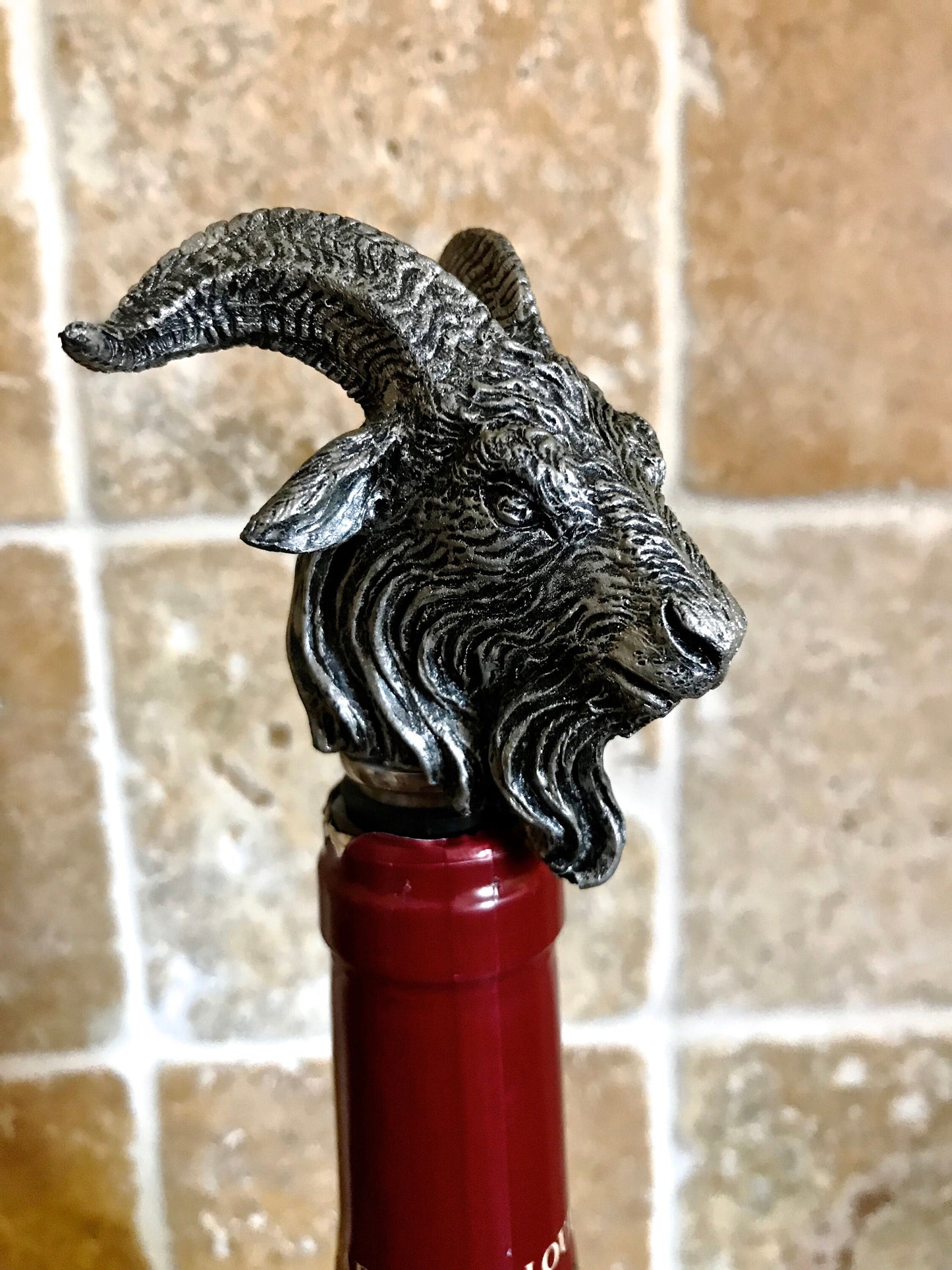 Goat Head Wine Stopper - Hand Painted Resin Sculpture, Gothic Decor, Mythical Goat Bottle Stopper, Fantasy Gothic Wine and Barware Gift