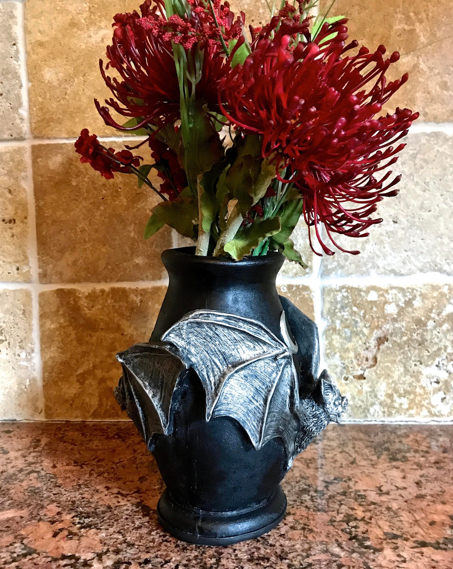 Vampire Bat Vase, Hand Painted Resin Sculpture | Unique Gothic Home Decor | Bat Vase Spooky Halloween Gift and Gothic Home Decor