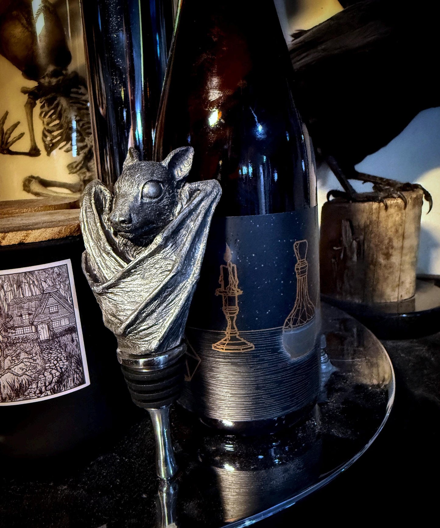 Fruit Bat Wine Stopper, Hand Painted Resin Sculpture | Gothic Art Barware| Mythical Bat Bottle Stopper, Fantasy Gothic Wine and Barware Gift