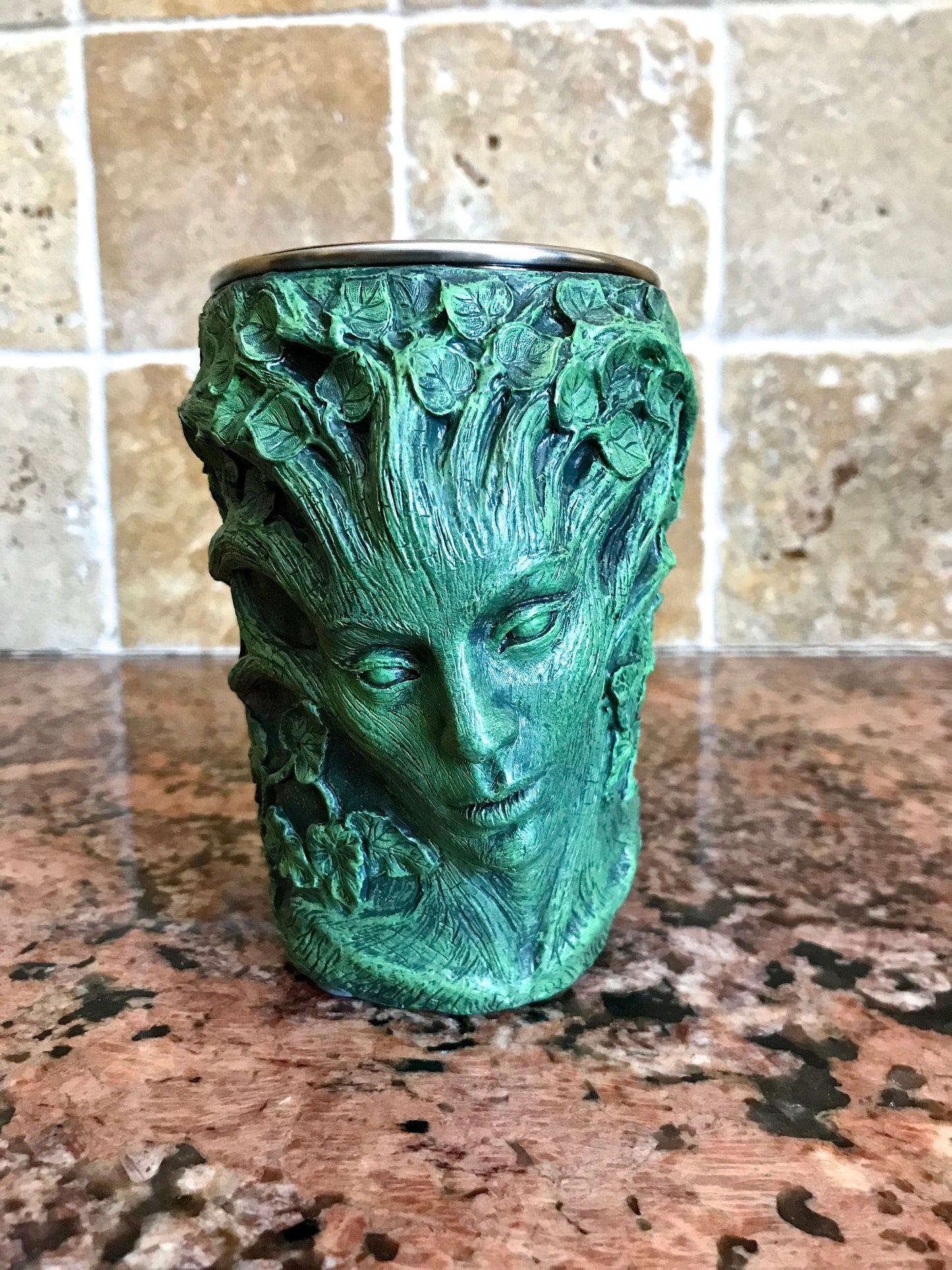 Dryad Mug, Green Hand Sculpted Resin Art Mug with Stainless Steel Liner| Fantasy Tree Spirit Mug, Witchy Cup Gift and Gothic Home Decor