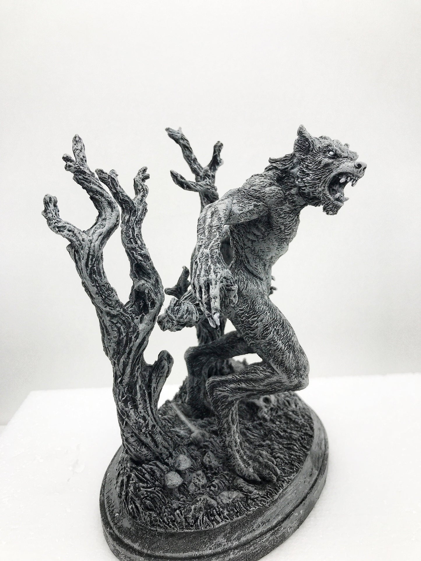 Werewolf Statue, Hand Painted Grayscale Resin Sculpture | Gothic Halloween Legendary Monster Figurine | Dark Art for Spooky Home Decor