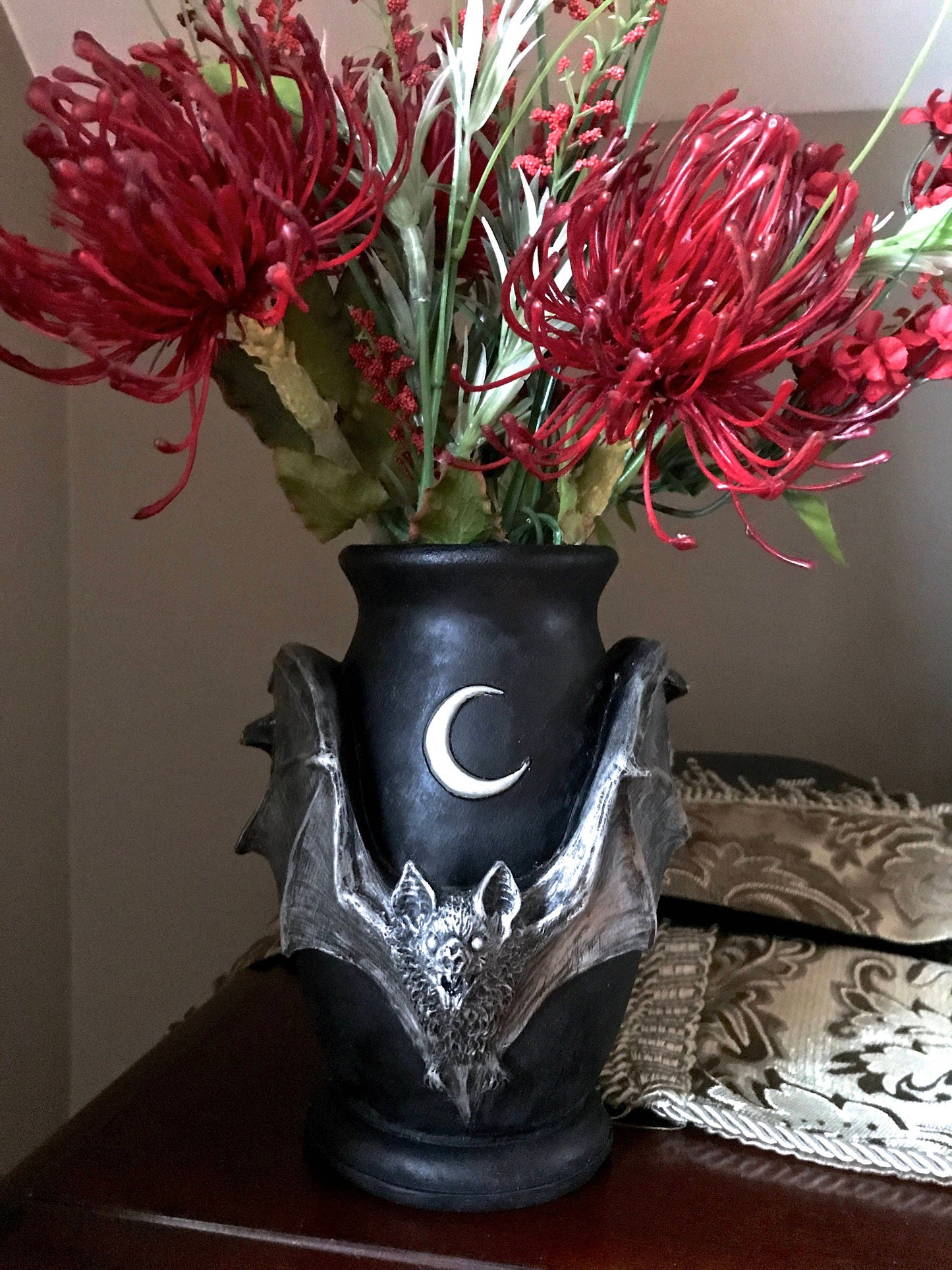 Vampire Bat Vase, Hand Painted Resin Sculpture | Unique Gothic Home Decor | Bat Vase Spooky Halloween Gift and Gothic Home Decor