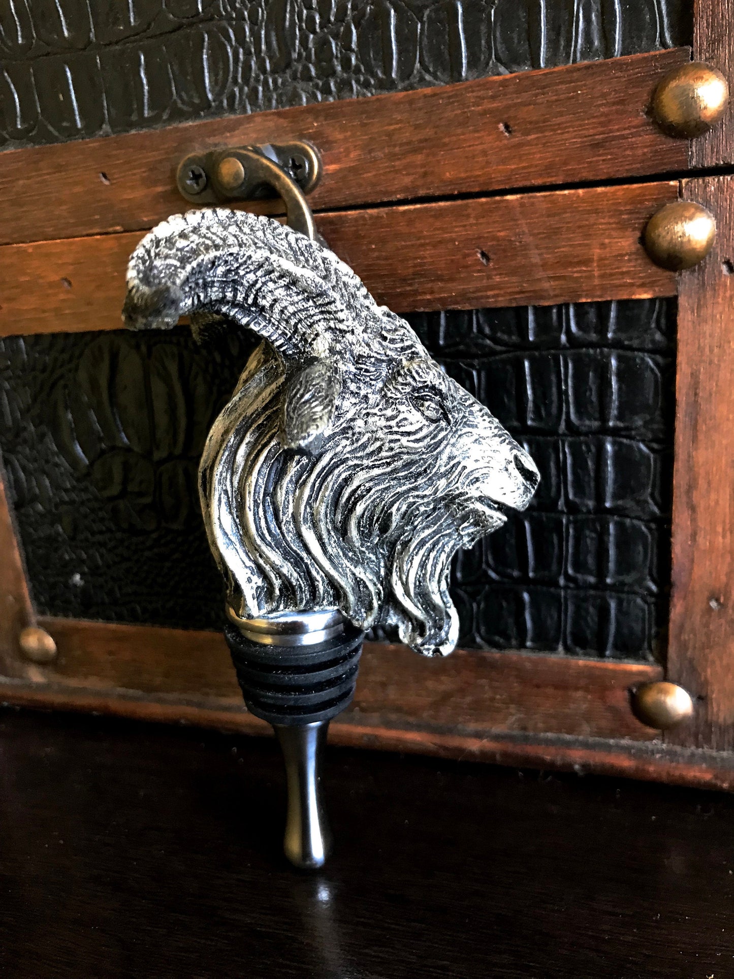 Goat Head Wine Stopper - Hand Painted Resin Sculpture, Gothic Decor, Mythical Goat Bottle Stopper, Fantasy Gothic Wine and Barware Gift