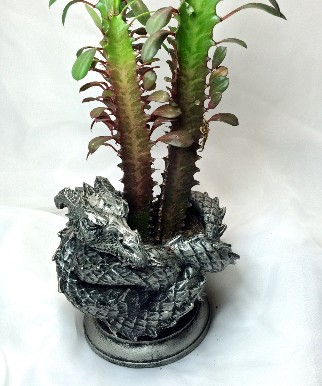 Coiled Dragon Planter, Pewter Finish | Unique Mythic Creature Home Decor | Resin Sculpture Snake Vase, Fantasy Art and Gothic Home Decor