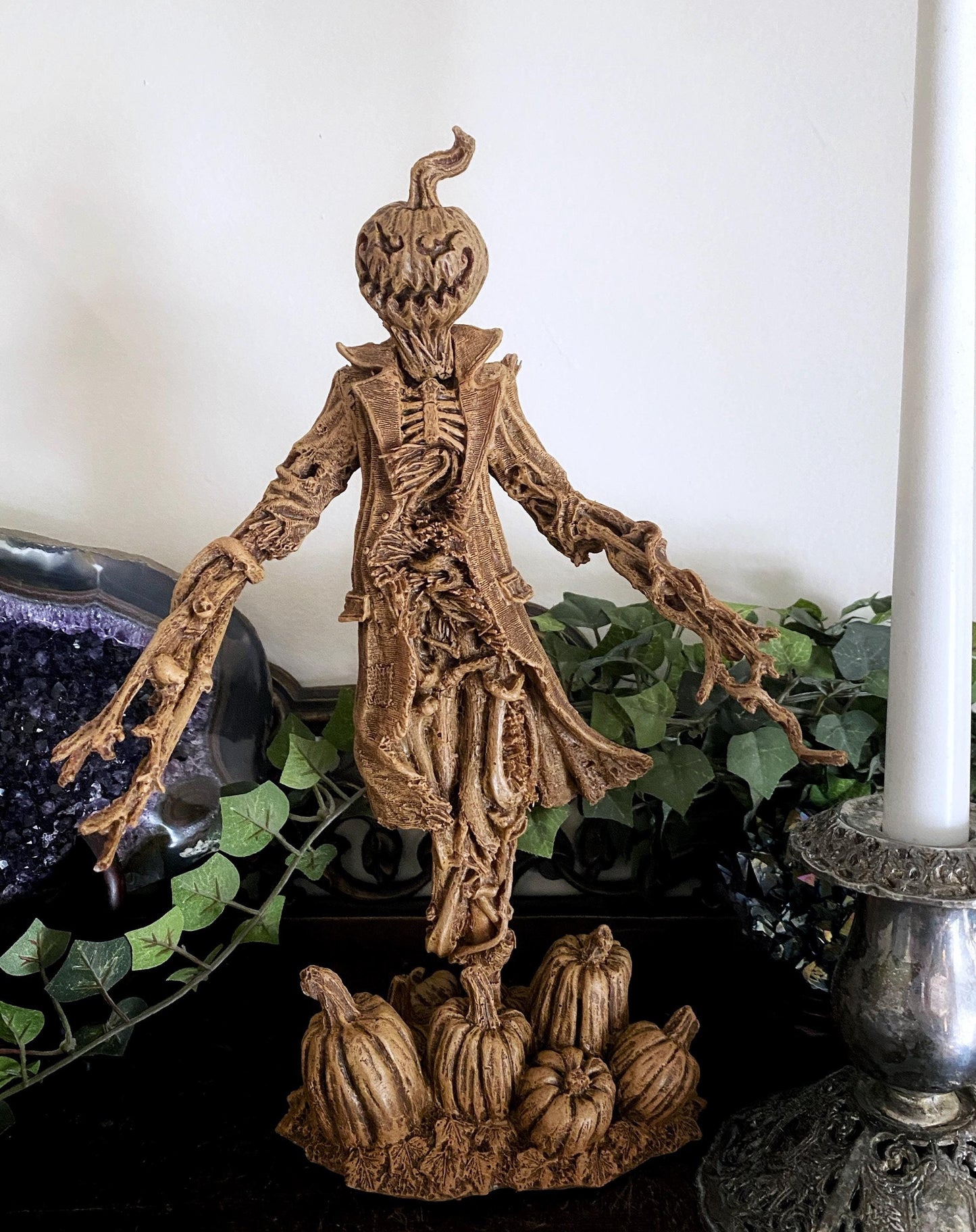 Scarecrow Statue, Hand Painted Resin Sculpture | Gothic Halloween Nightmare Creature Figurine | Dark Folklore Art for Spooky Home Decor