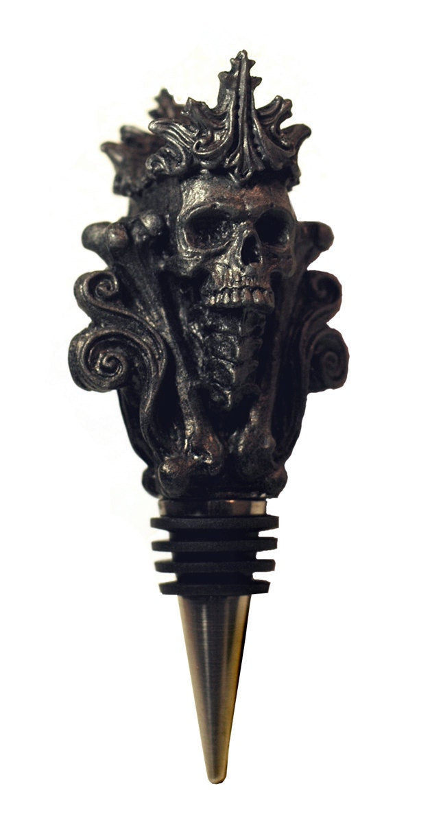 Crowned Skull Winestopper, Hand Painted Resin | Gothic Skull Barware |Spooky Skull Art Bottle Stopper, |Fantasy Gothic Wine and Barware Gift