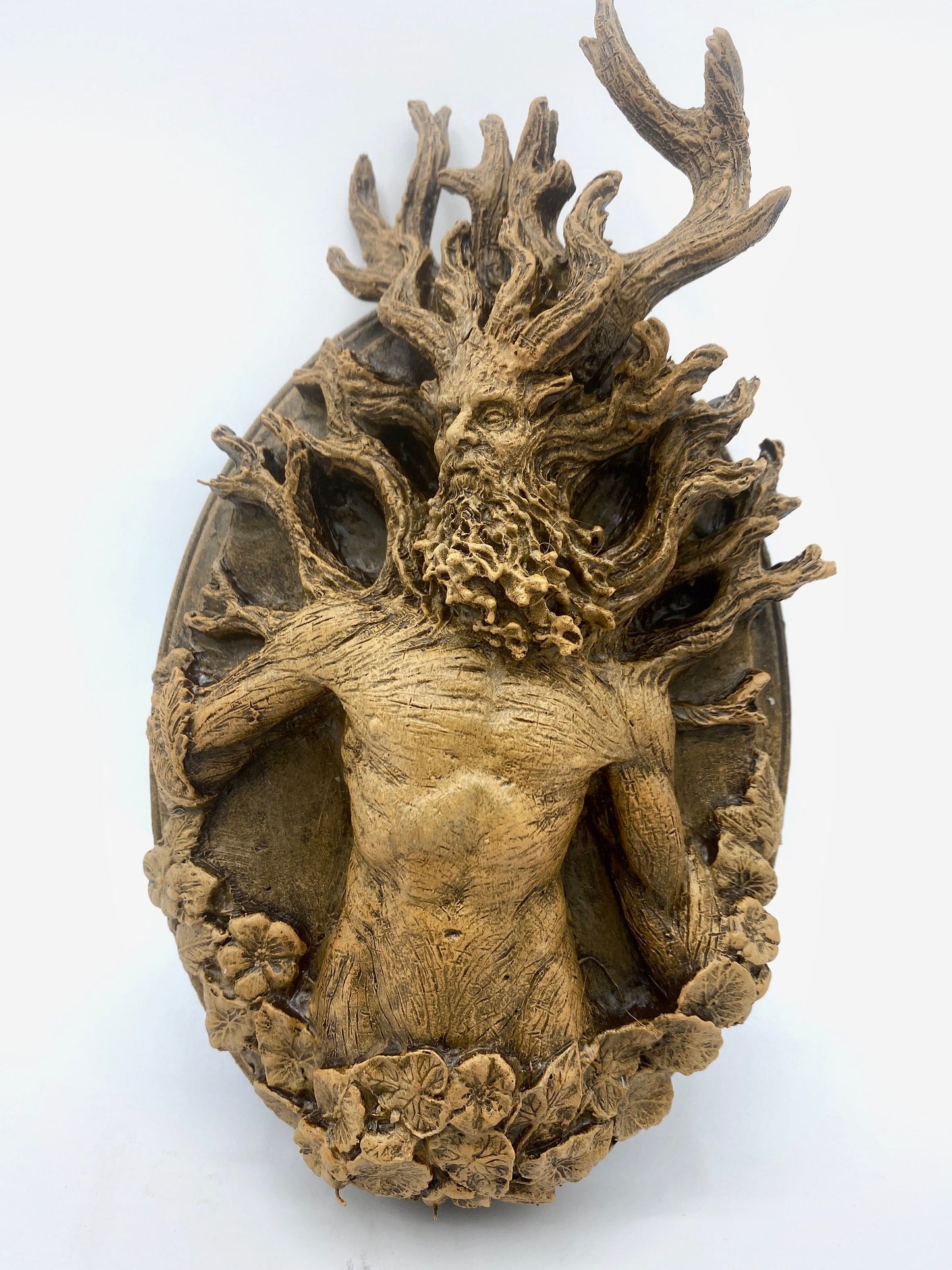 Green Man/ Cernunnos Wall Plaque, Hand Painted Resin Sculpture | Mythic Forest Creature Wall Art |Woodland Ent Wall Plaque for Nature Lovers