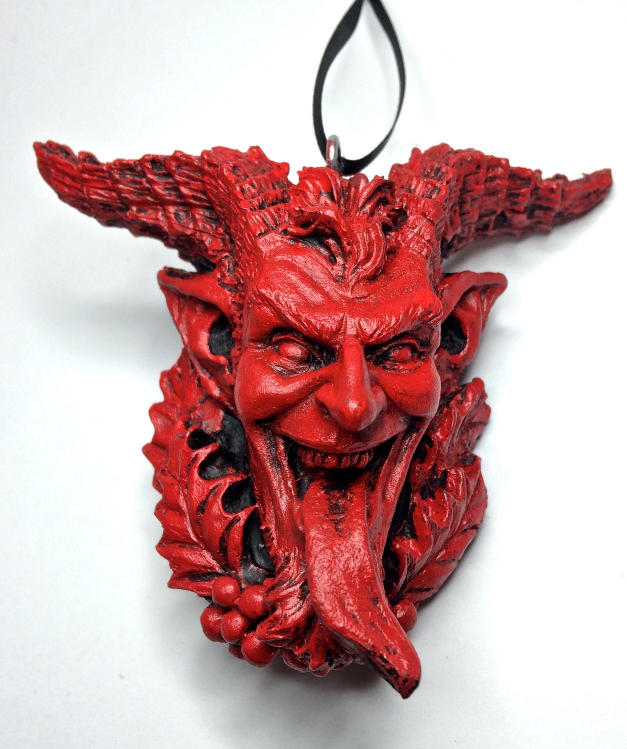 Krampus Head Ornament, Hand Painted Resin Sculpture | Mythical Creature Figurine | Unique Dark Christmas Demon for Gothic Holiday Decor