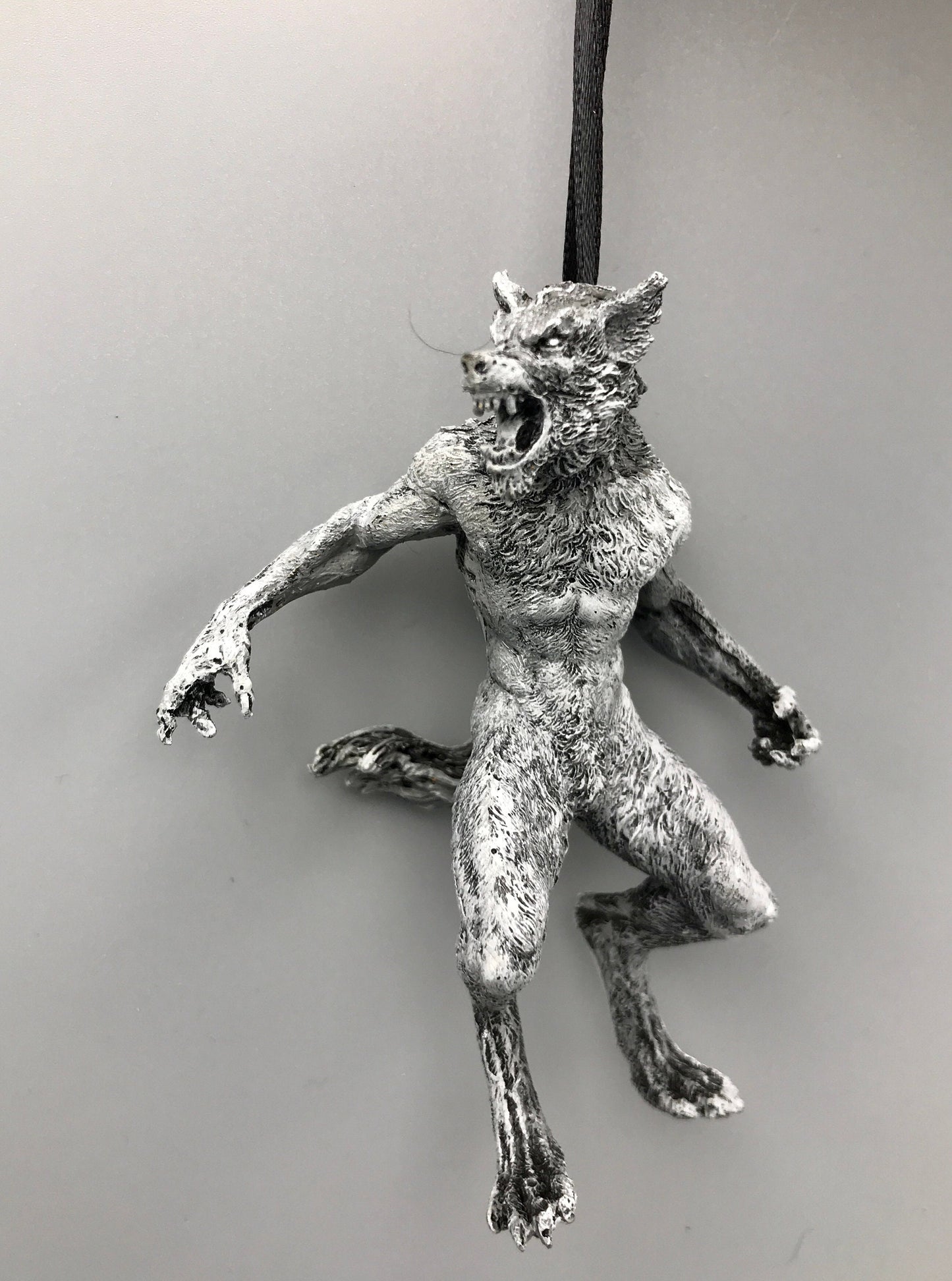 Werewolf Ornament, Grayscale, Hand Painted Resin Sculpture | Gothic Halloween Legendary Monster | Dark Folklore for Spooky Holiday Ornament