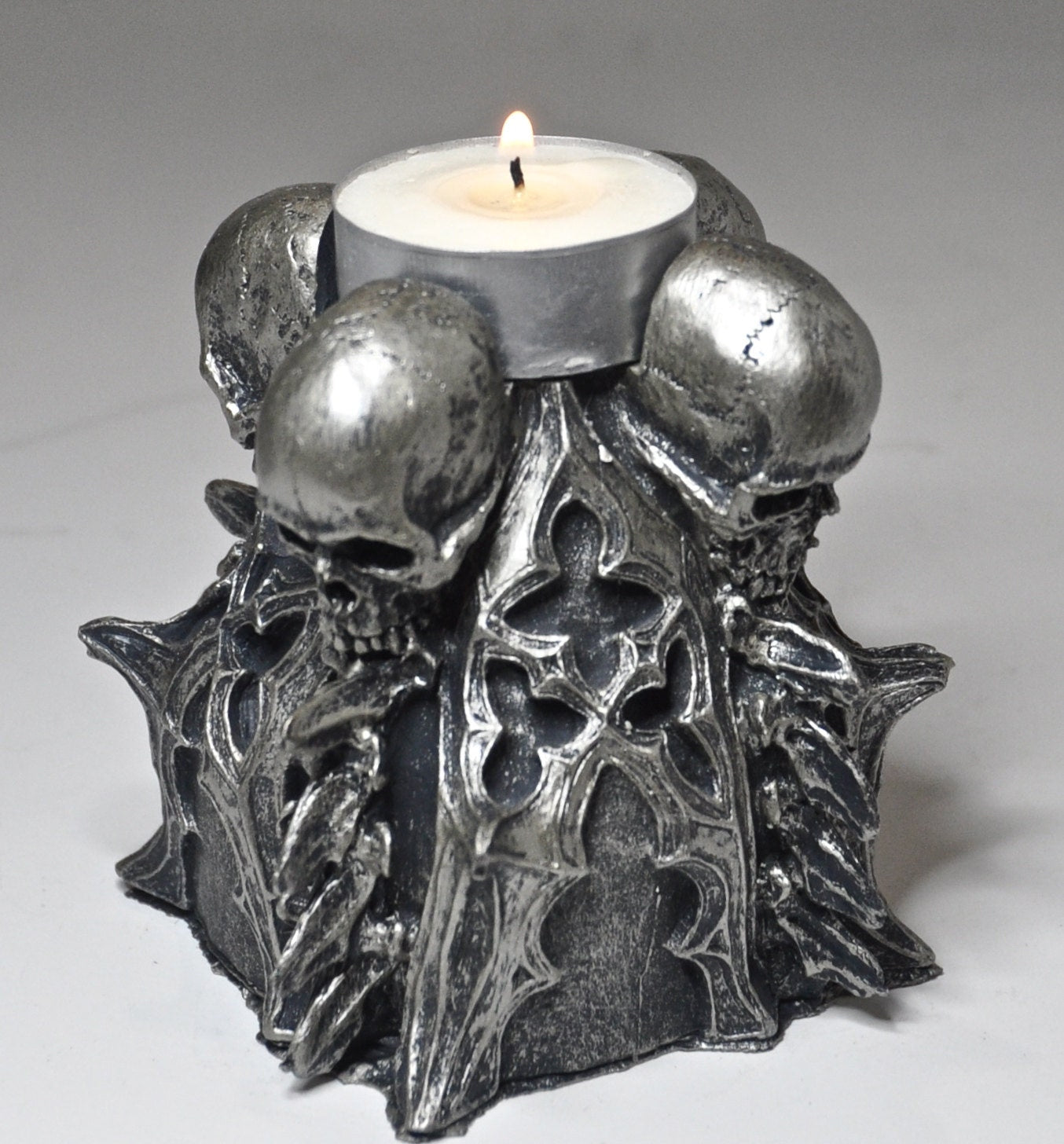 Requiem Gothic Tea Light Holder, Hand Sculpted Resin | Spooky Gothic Skull and Bones Candle Holder for Halloween Gift and Gothic Decor