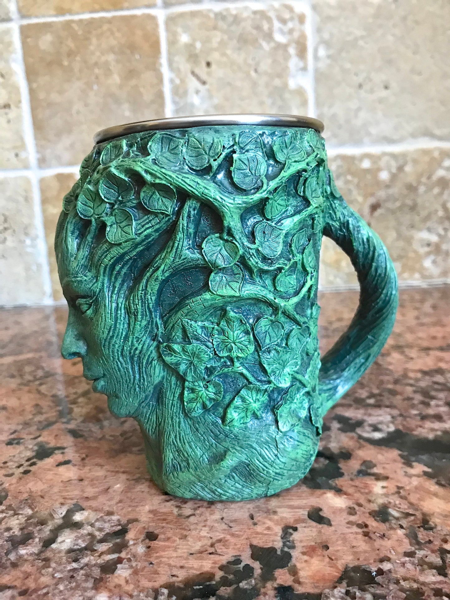 Dryad Mug, Green Hand Sculpted Resin Art Mug with Stainless Steel Liner| Fantasy Tree Spirit Mug, Witchy Cup Gift and Gothic Home Decor