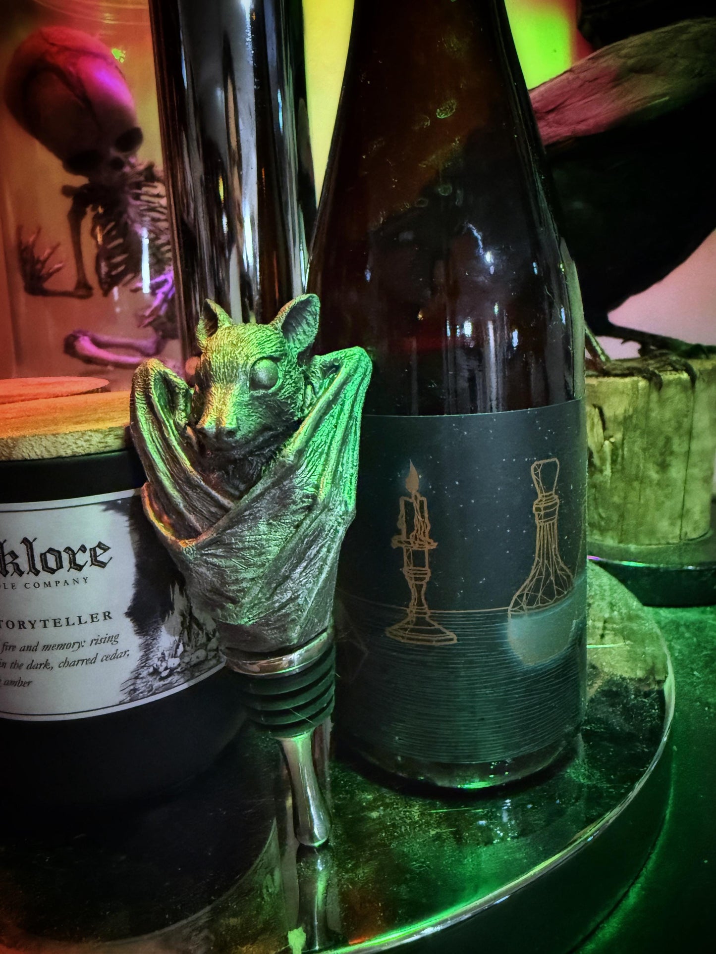 Fruit Bat Wine Stopper, Hand Painted Resin Sculpture | Gothic Art Barware| Mythical Bat Bottle Stopper, Fantasy Gothic Wine and Barware Gift