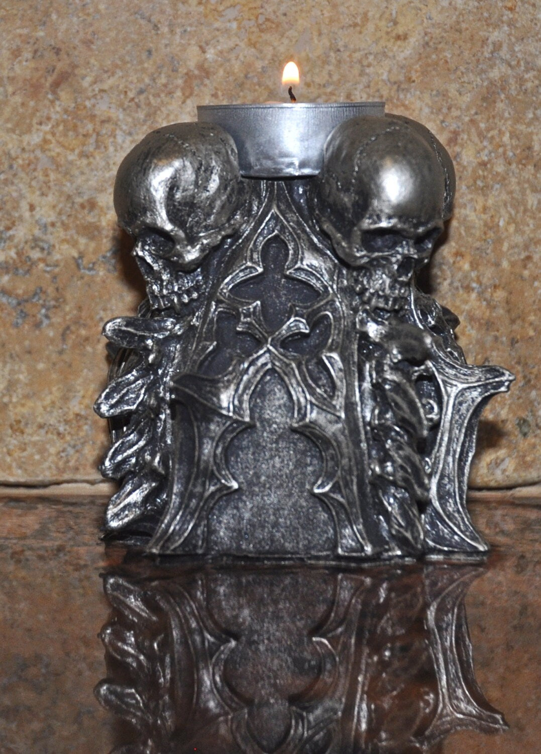 Requiem Gothic Tea Light Holder, Hand Sculpted Resin | Spooky Gothic Skull and Bones Candle Holder for Halloween Gift and Gothic Decor