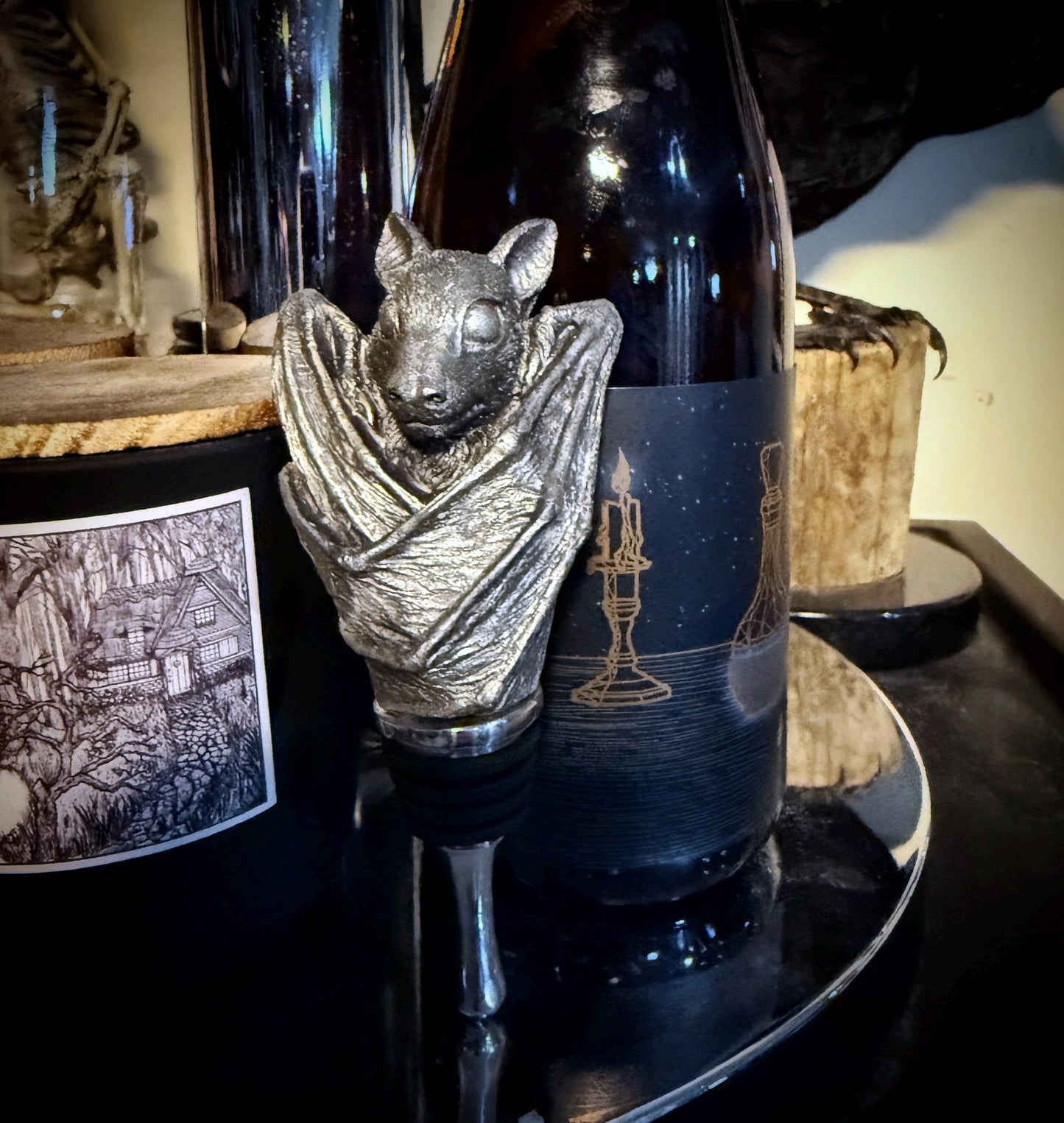 Fruit Bat Wine Stopper, Hand Painted Resin Sculpture | Gothic Art Barware| Mythical Bat Bottle Stopper, Fantasy Gothic Wine and Barware Gift