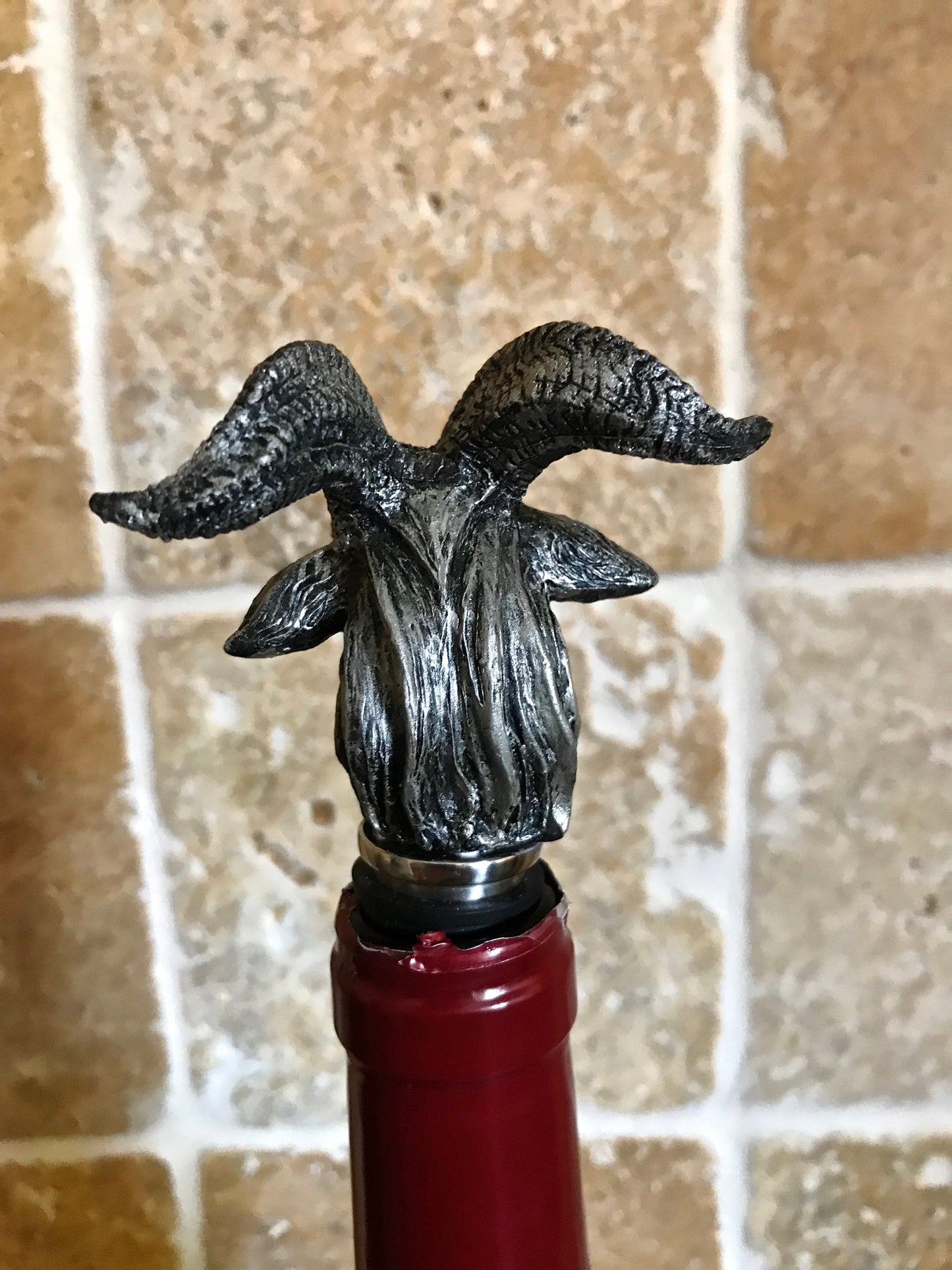 Goat Head Wine Stopper - Hand Painted Resin Sculpture, Gothic Decor, Mythical Goat Bottle Stopper, Fantasy Gothic Wine and Barware Gift