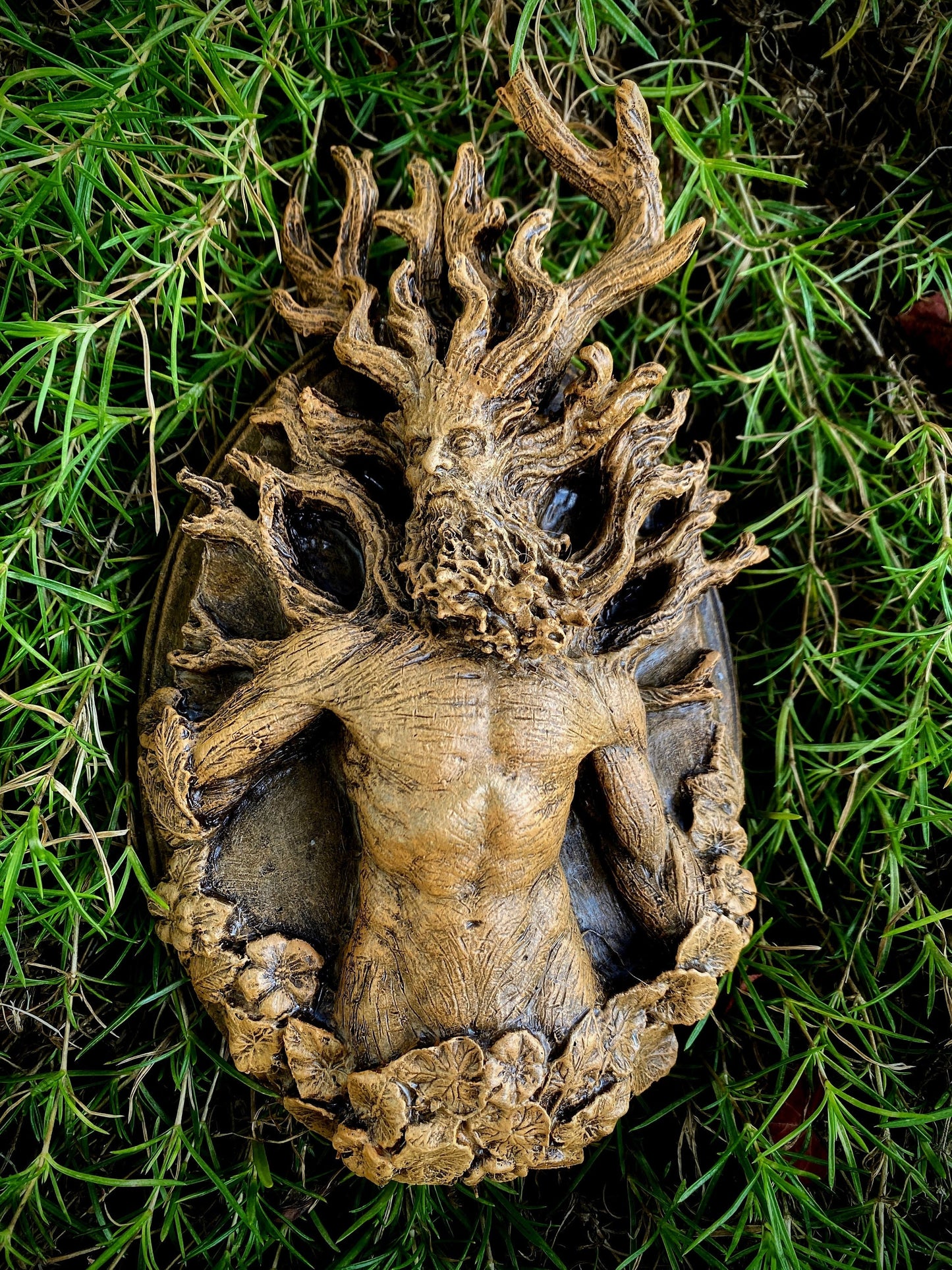 Green Man/ Cernunnos Wall Plaque, Hand Painted Resin Sculpture | Mythic Forest Creature Wall Art |Woodland Ent Wall Plaque for Nature Lovers