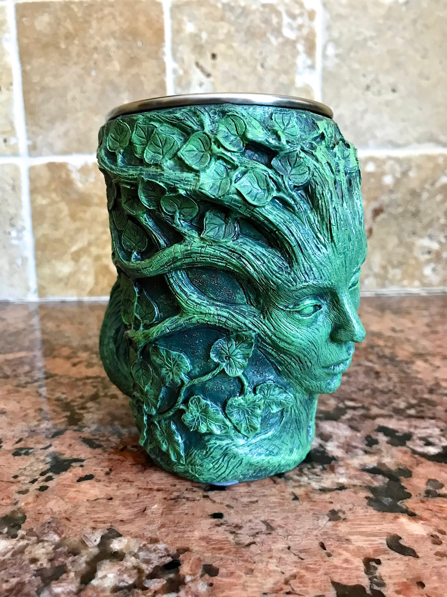 Dryad Mug, Green Hand Sculpted Resin Art Mug with Stainless Steel Liner| Fantasy Tree Spirit Mug, Witchy Cup Gift and Gothic Home Decor