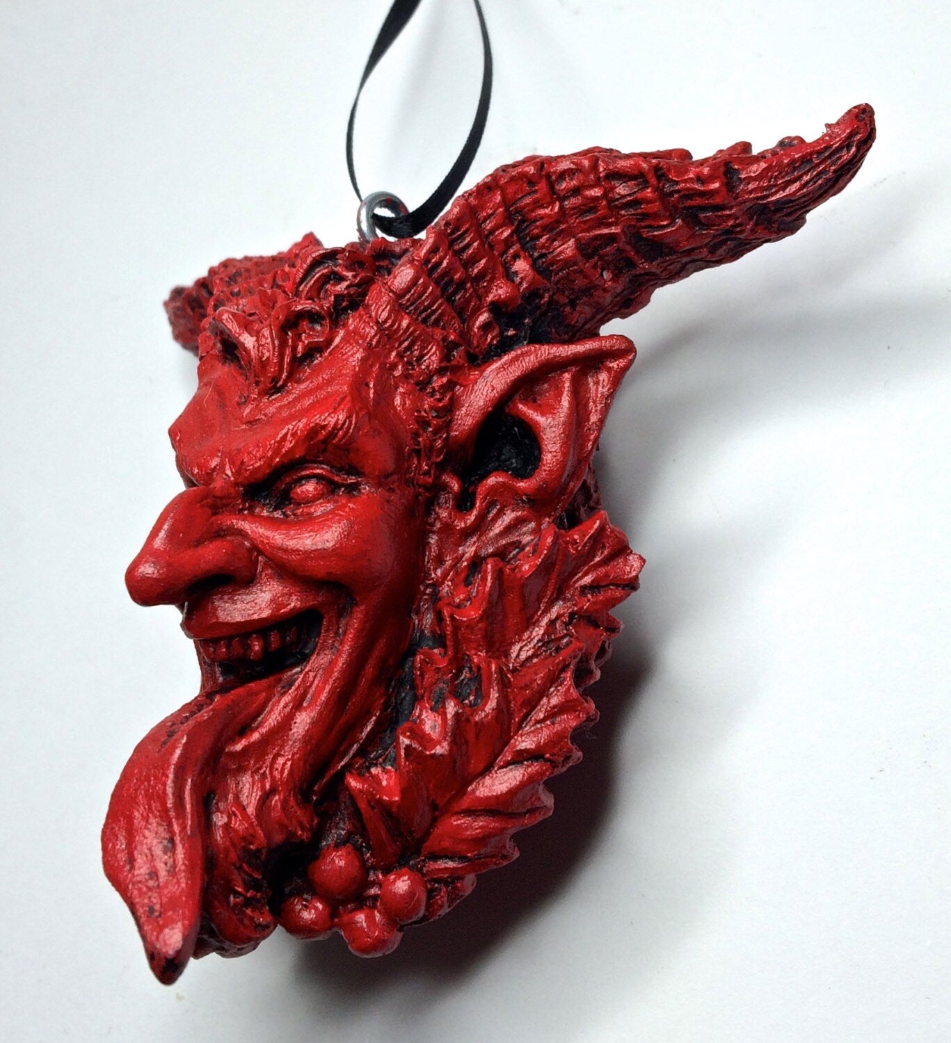 Krampus Head Ornament, Hand Painted Resin Sculpture | Mythical Creature Figurine | Unique Dark Christmas Demon for Gothic Holiday Decor