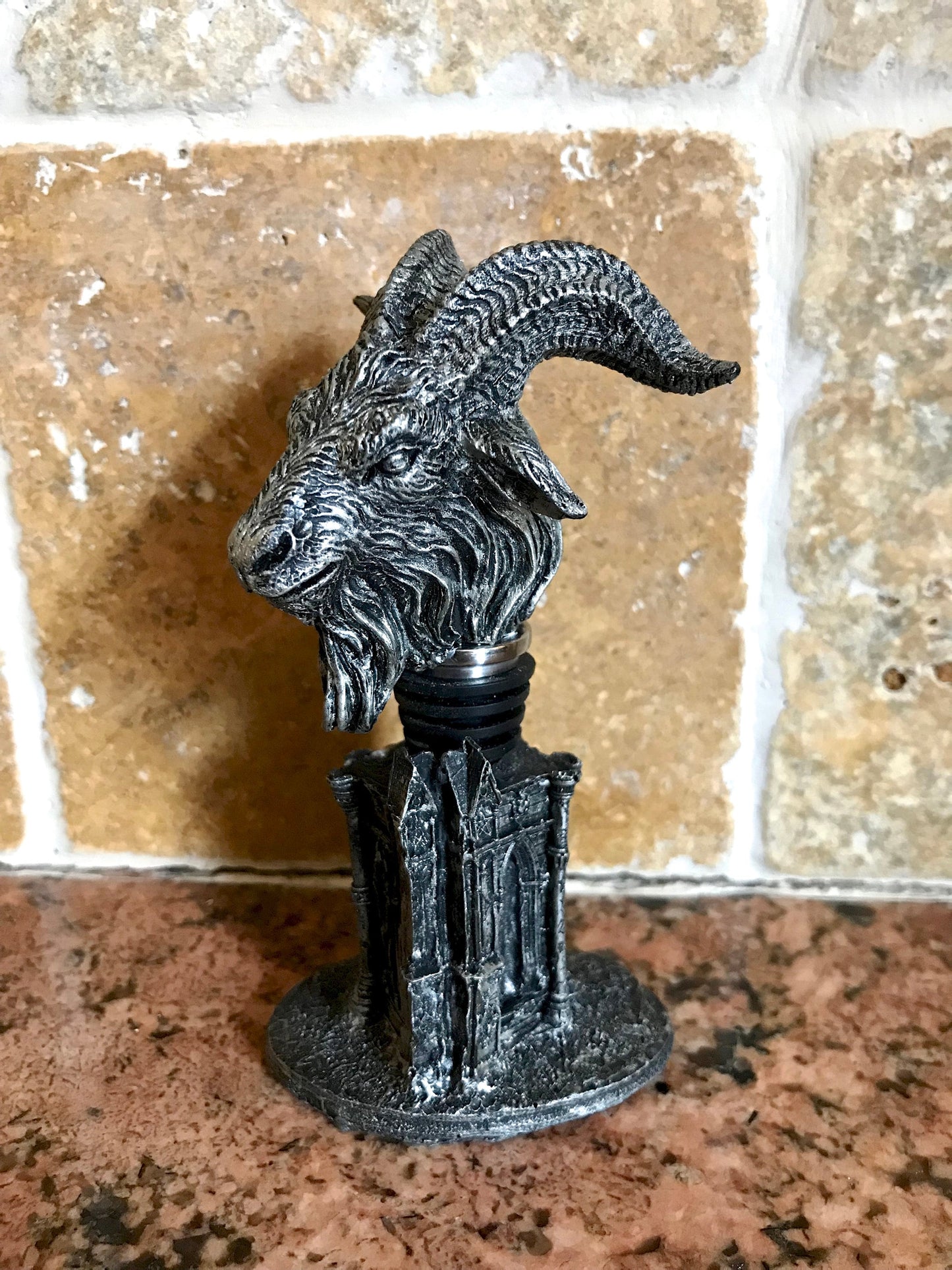 Goat Head Wine Stopper - Hand Painted Resin Sculpture, Gothic Decor, Mythical Goat Bottle Stopper, Fantasy Gothic Wine and Barware Gift