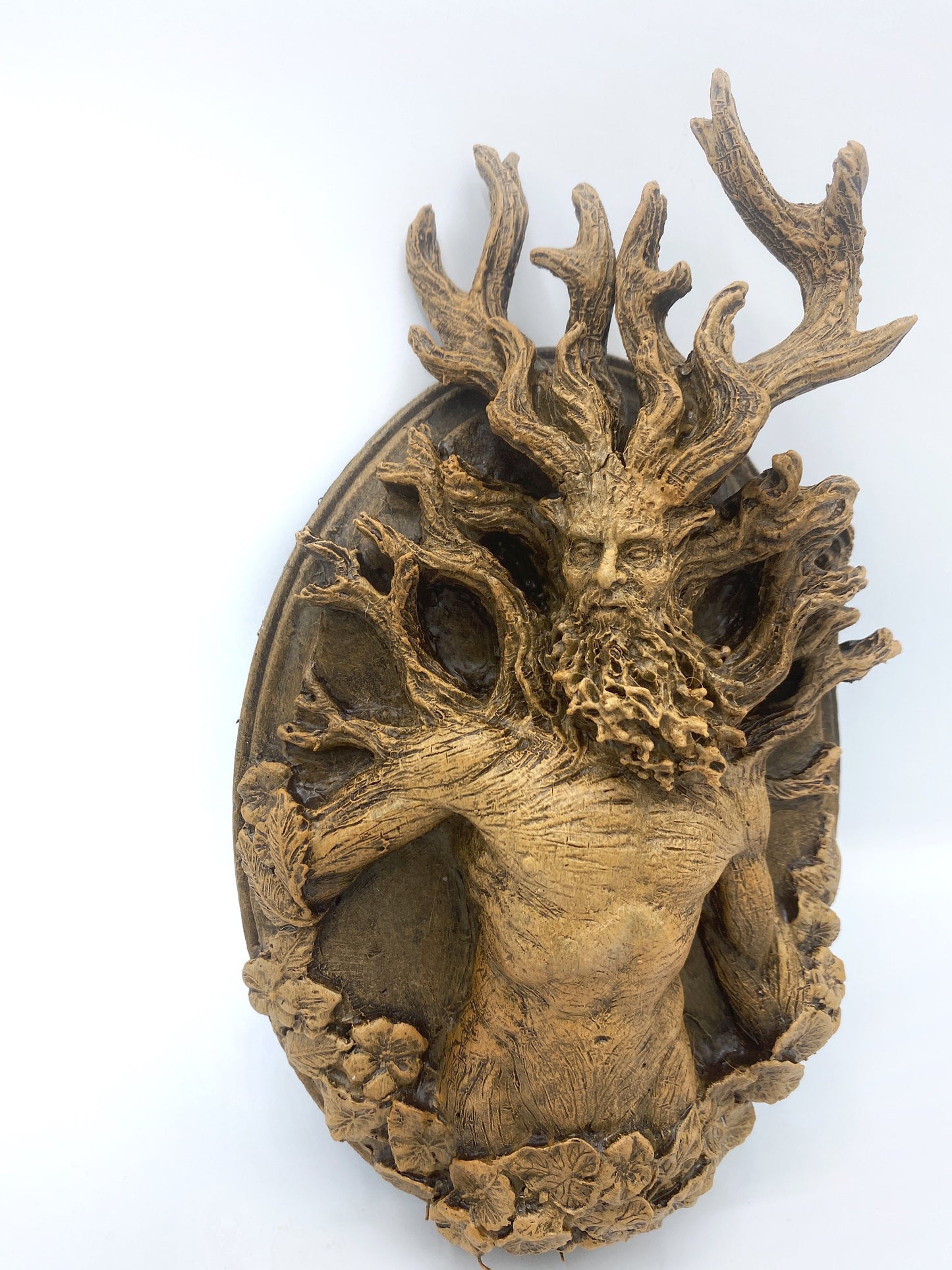 Green Man/ Cernunnos Wall Plaque, Hand Painted Resin Sculpture | Mythic Forest Creature Wall Art |Woodland Ent Wall Plaque for Nature Lovers