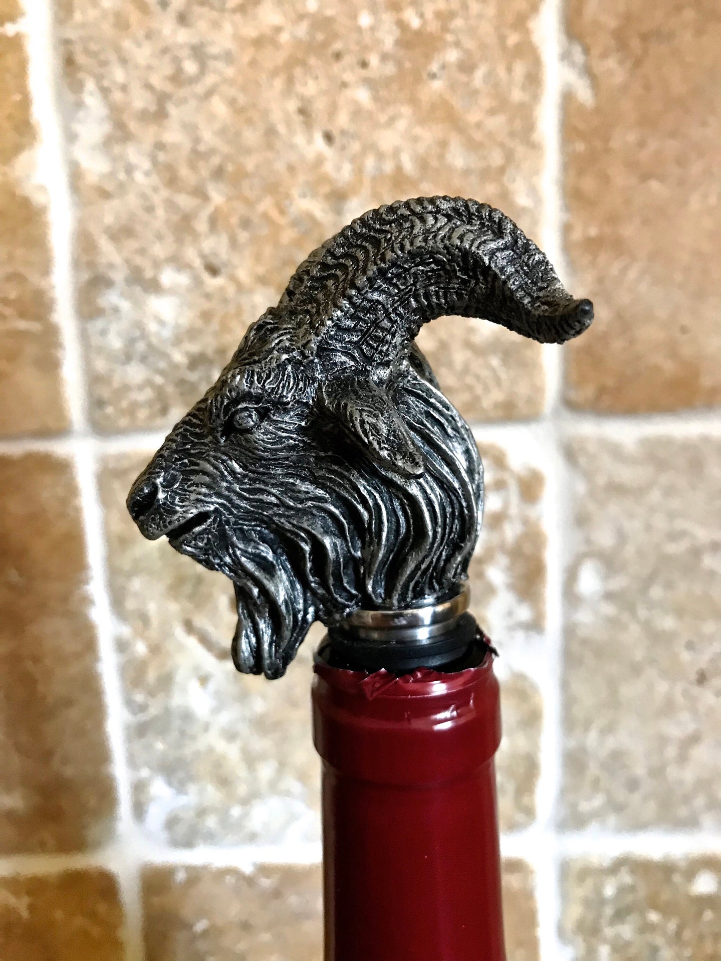 Goat Head Wine Stopper - Hand Painted Resin Sculpture, Gothic Decor, Mythical Goat Bottle Stopper, Fantasy Gothic Wine and Barware Gift