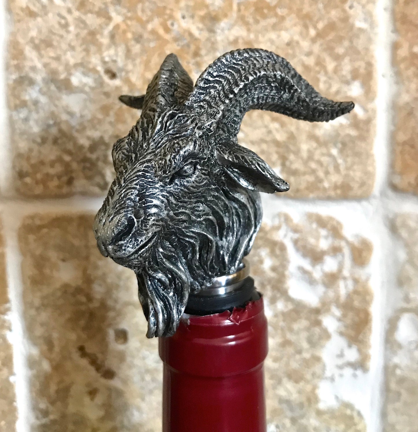 Goat Head Wine Stopper - Hand Painted Resin Sculpture, Gothic Decor, Mythical Goat Bottle Stopper, Fantasy Gothic Wine and Barware Gift