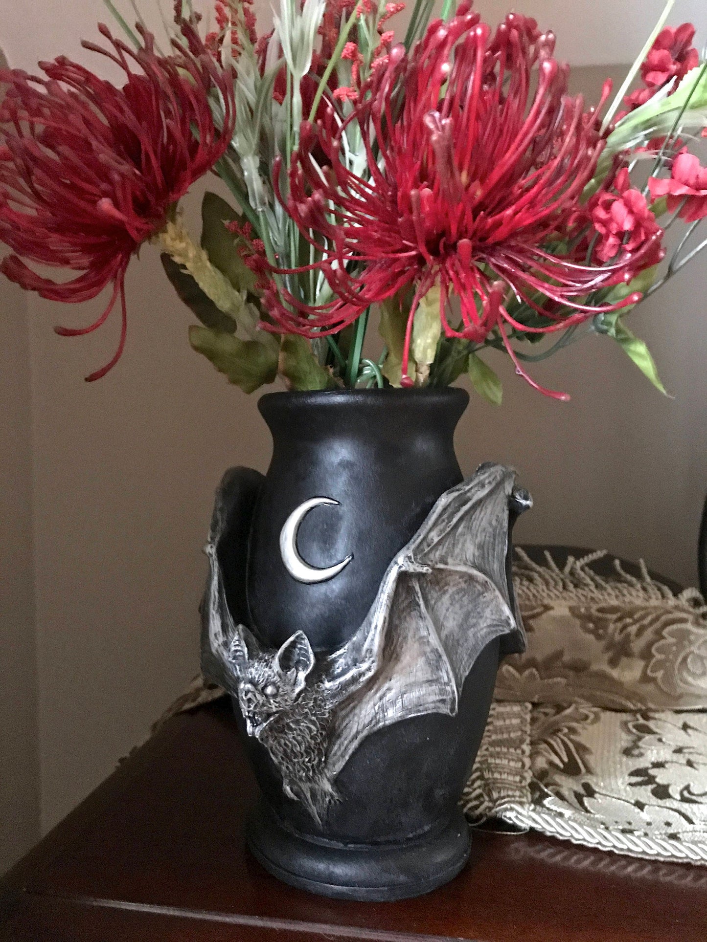 Vampire Bat Vase, Hand Painted Resin Sculpture | Unique Gothic Home Decor | Bat Vase Spooky Halloween Gift and Gothic Home Decor