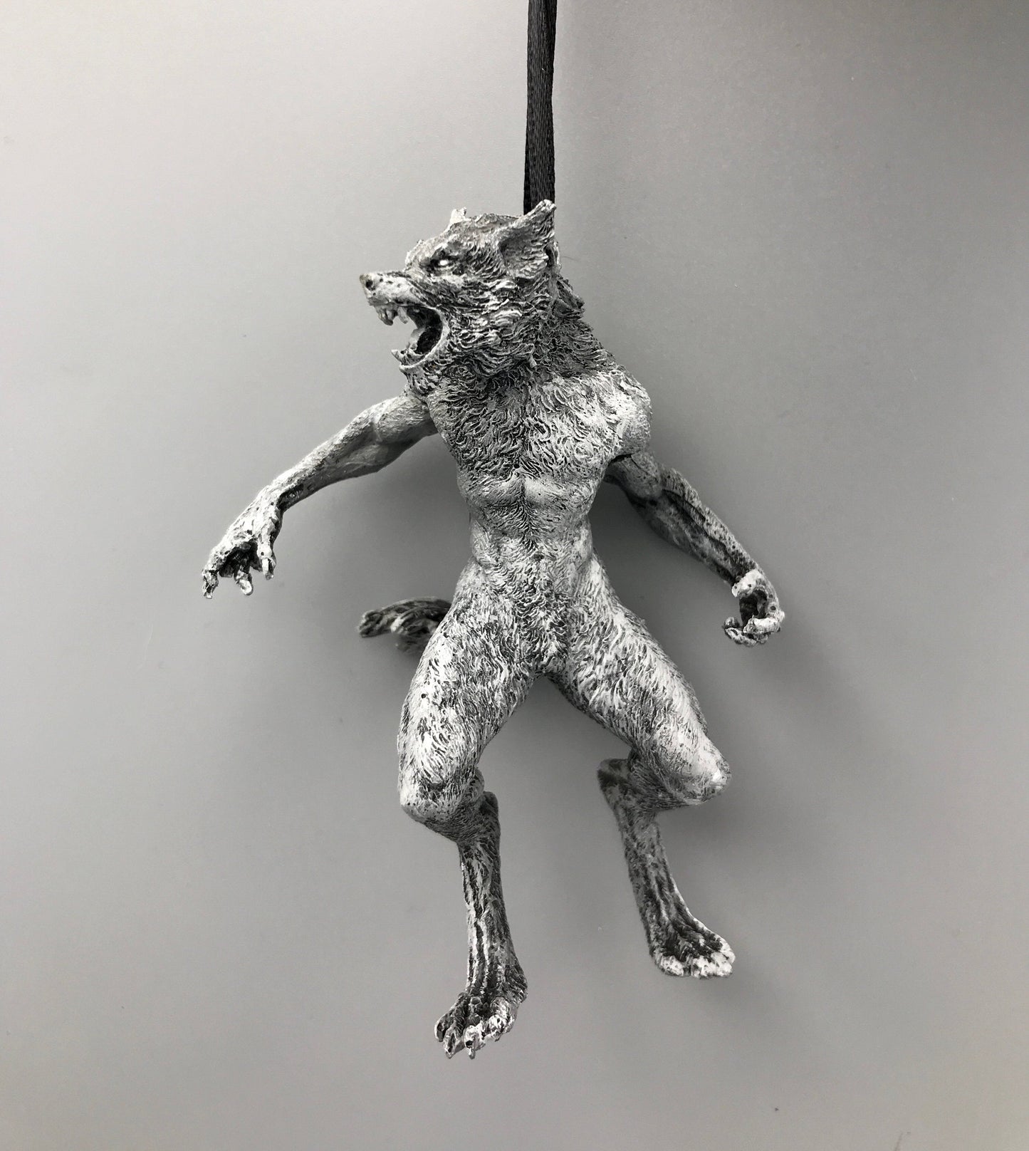 Werewolf Ornament, Grayscale, Hand Painted Resin Sculpture | Gothic Halloween Legendary Monster | Dark Folklore for Spooky Holiday Ornament