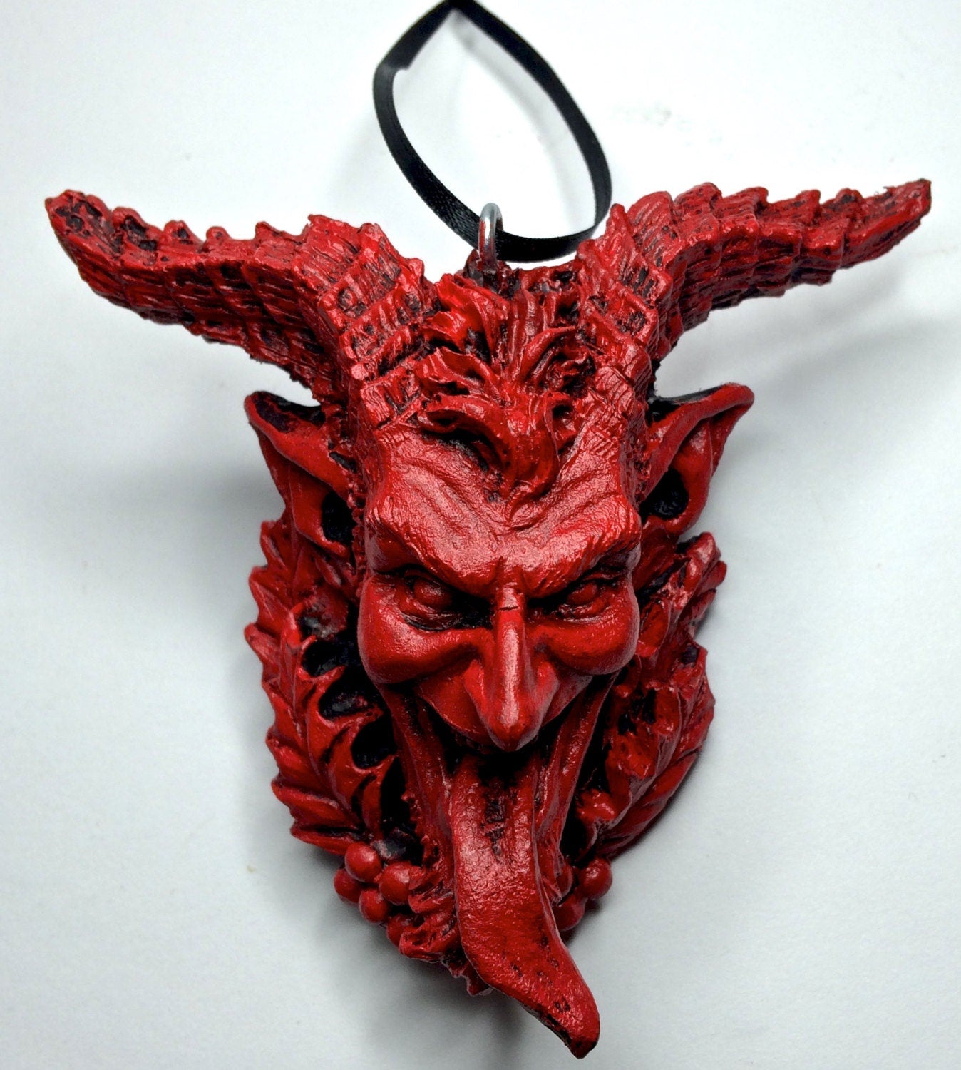 Krampus Head Ornament, Hand Painted Resin Sculpture | Mythical Creature Figurine | Unique Dark Christmas Demon for Gothic Holiday Decor