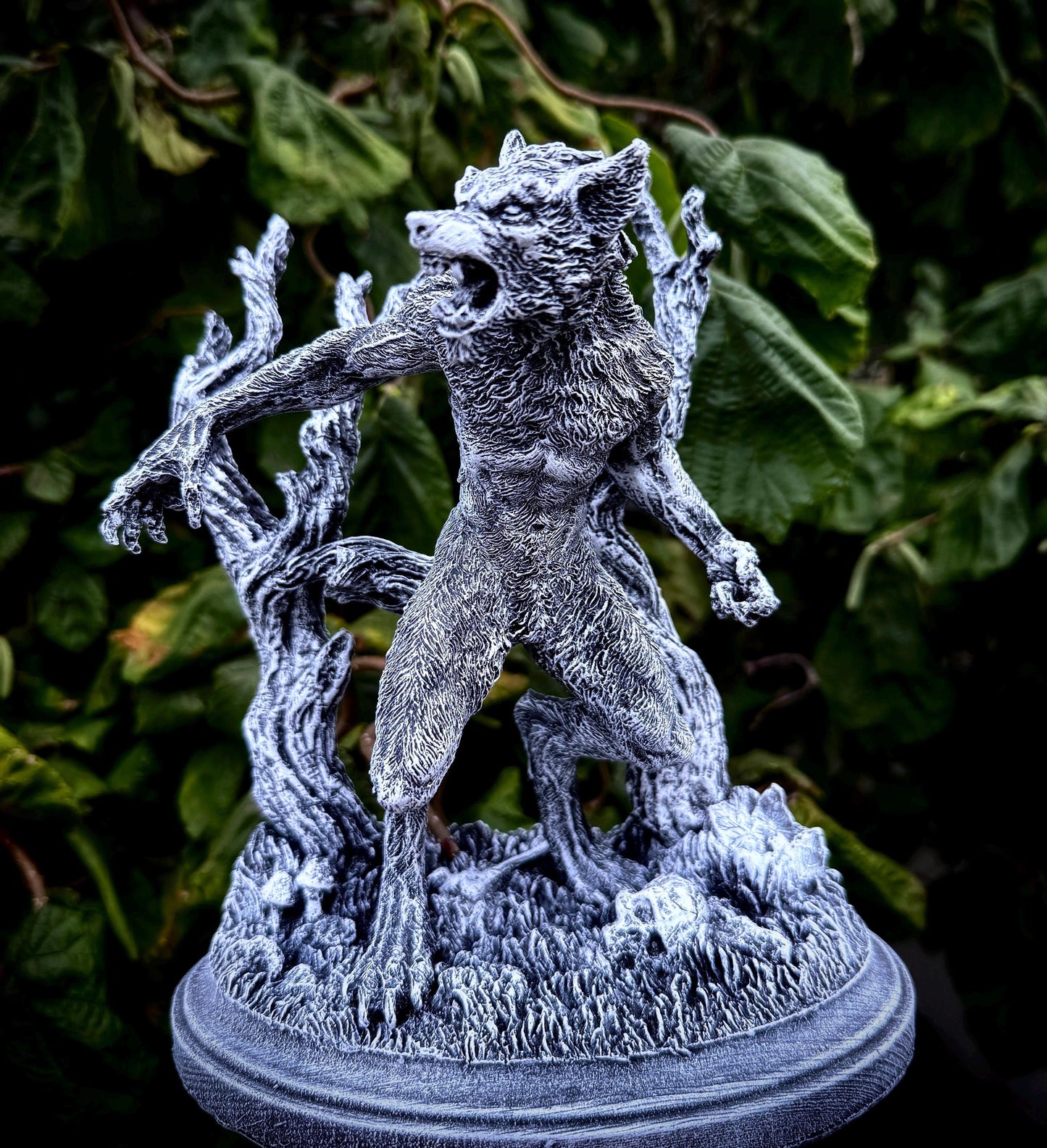 Werewolf Statue, Hand Painted Grayscale Resin Sculpture | Gothic Halloween Legendary Monster Figurine | Dark Art for Spooky Home Decor
