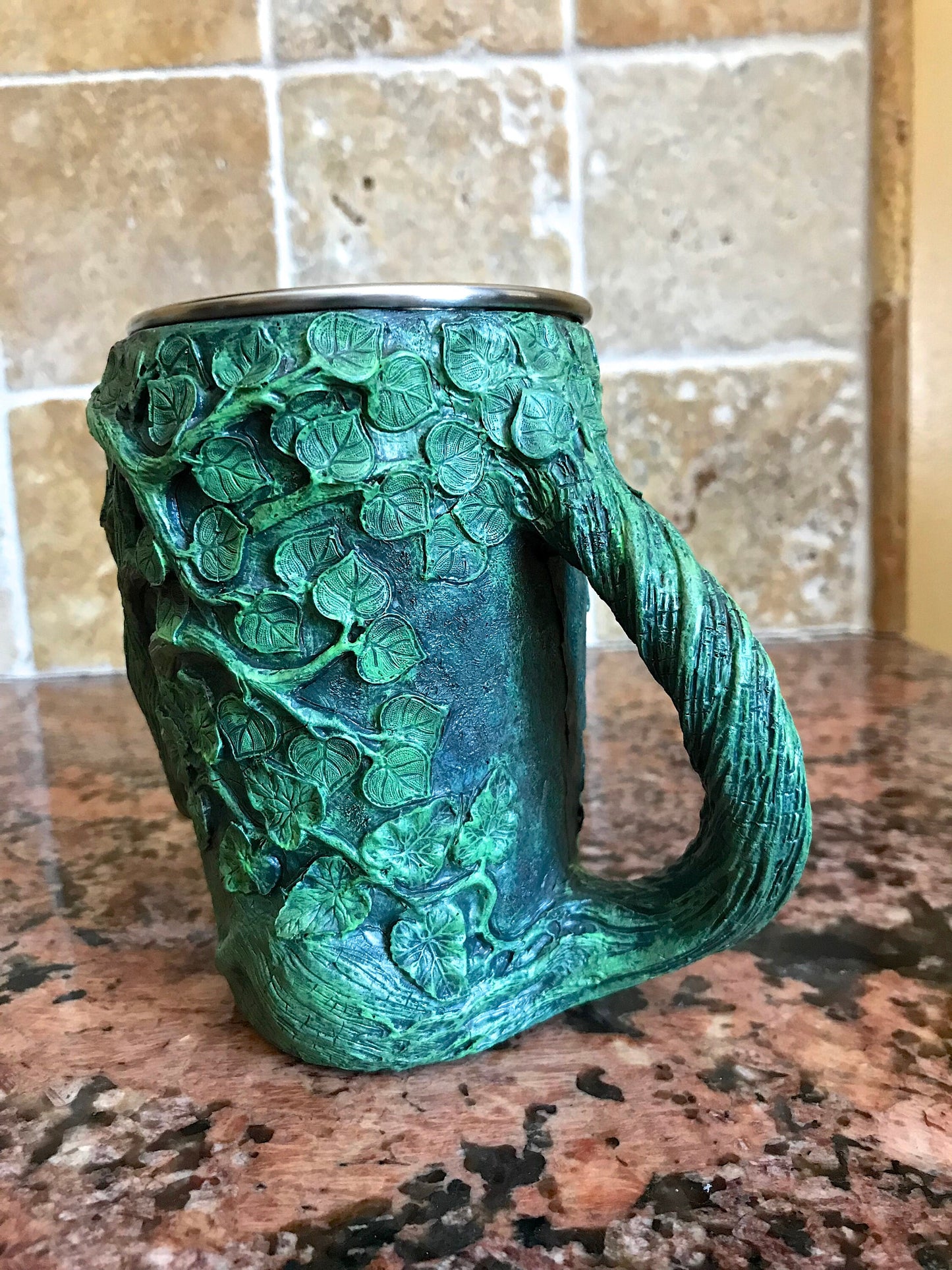 Dryad Mug, Green Hand Sculpted Resin Art Mug with Stainless Steel Liner| Fantasy Tree Spirit Mug, Witchy Cup Gift and Gothic Home Decor
