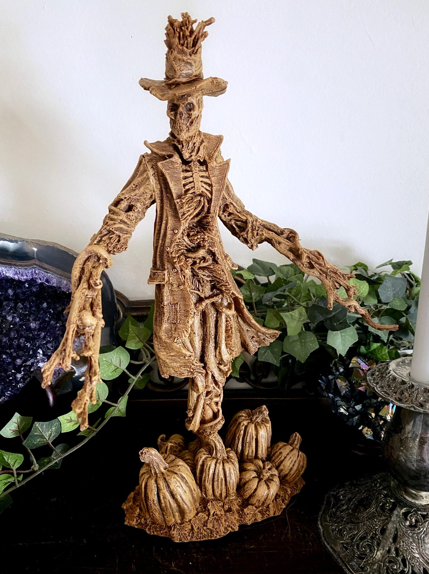 Scarecrow Statue, Hand Painted Resin Sculpture | Gothic Halloween Nightmare Creature Figurine | Dark Folklore Art for Spooky Home Decor