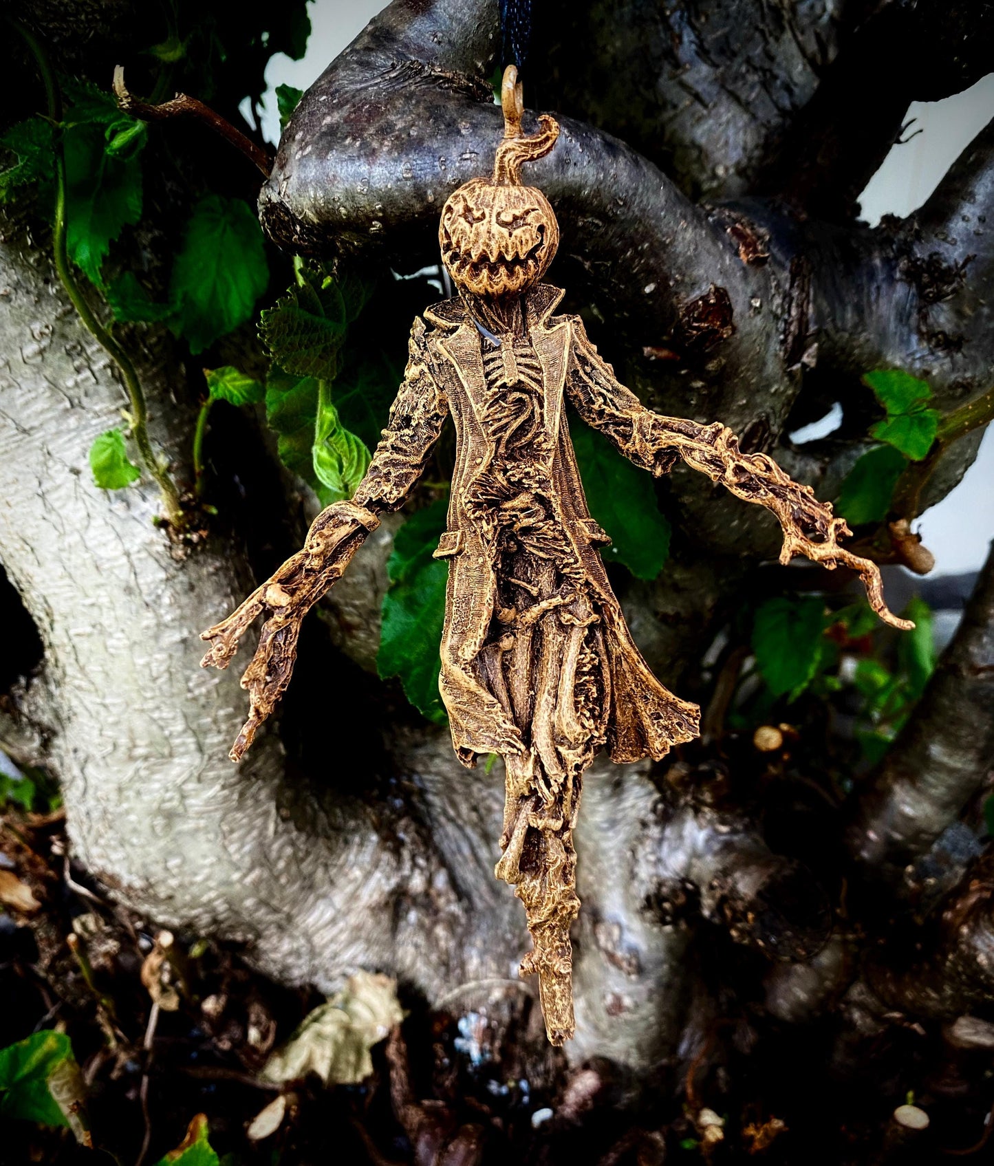 Scarecrow Ornament, Jack O' Lantern Version | Gothic Halloween Nightmare Creature Figurine | Dark Folklore Art for Spooky Holiday Decor