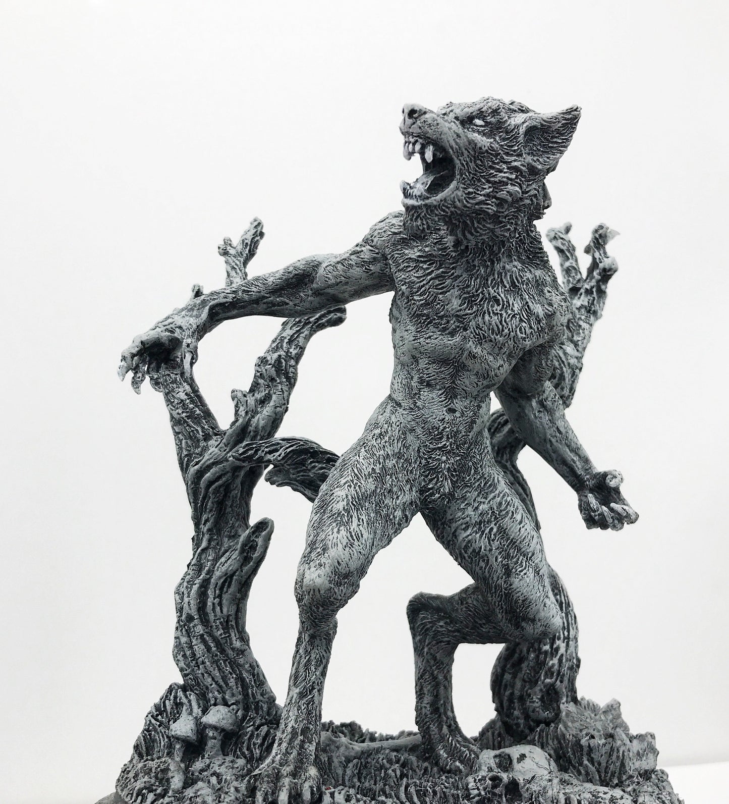 Werewolf Statue, Hand Painted Grayscale Resin Sculpture | Gothic Halloween Legendary Monster Figurine | Dark Art for Spooky Home Decor