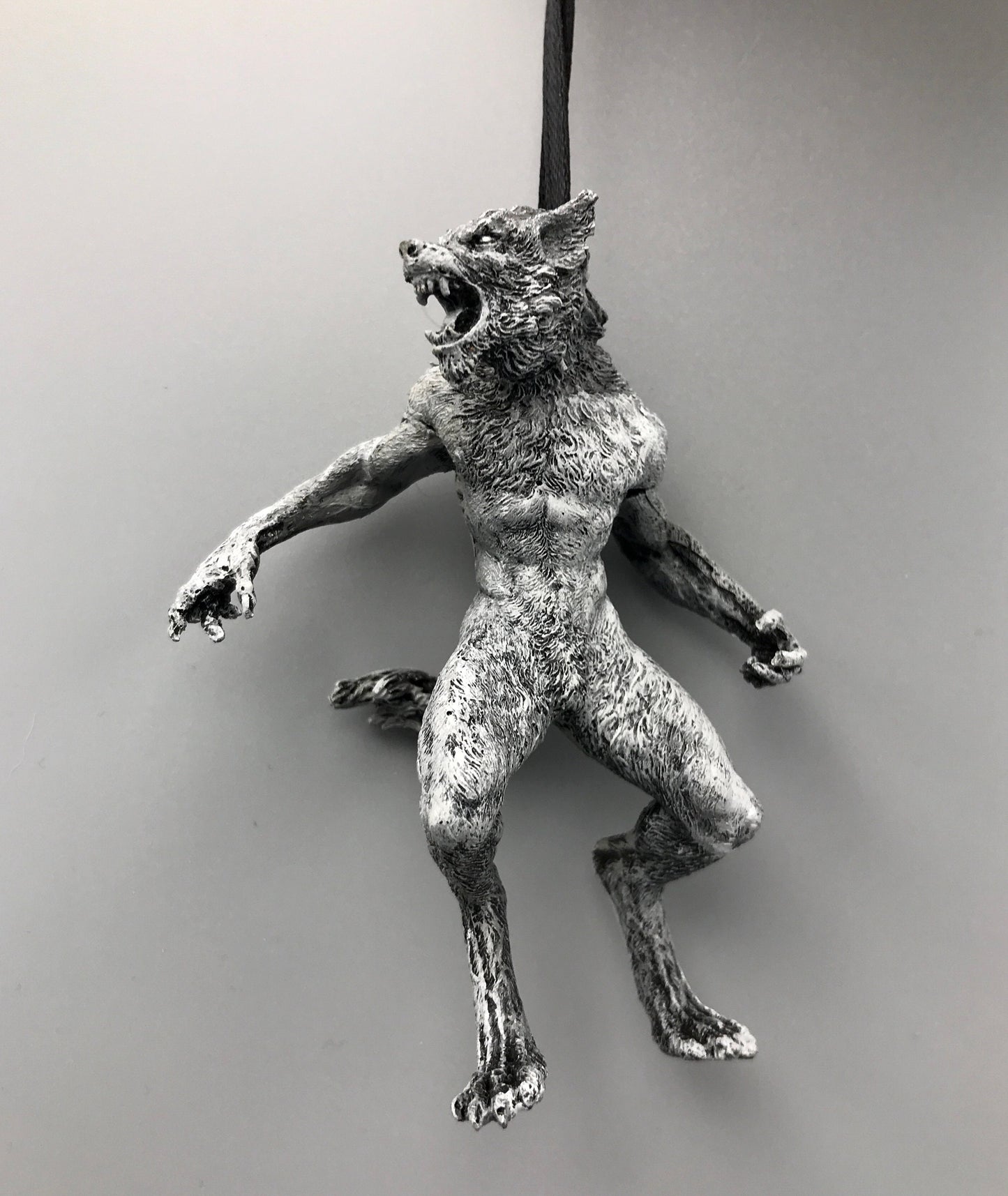 Werewolf Ornament, Grayscale, Hand Painted Resin Sculpture | Gothic Halloween Legendary Monster | Dark Folklore for Spooky Holiday Ornament