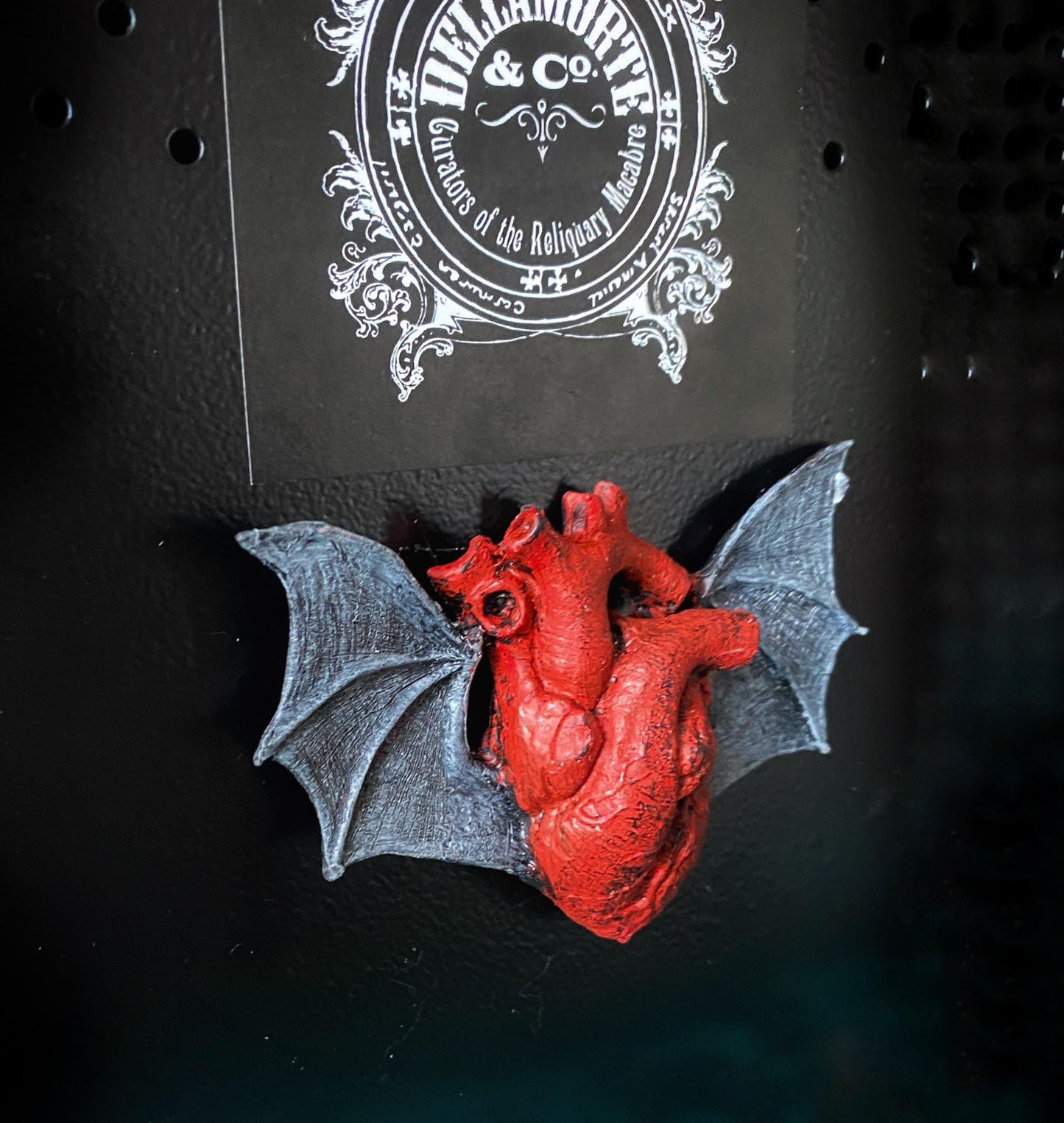 Batwing Heart Magnet, Hand Painted Resin Sculpture | Gothic Fantasy Decor | Winged Heart Magnet for Fantasy and Gothic Decor