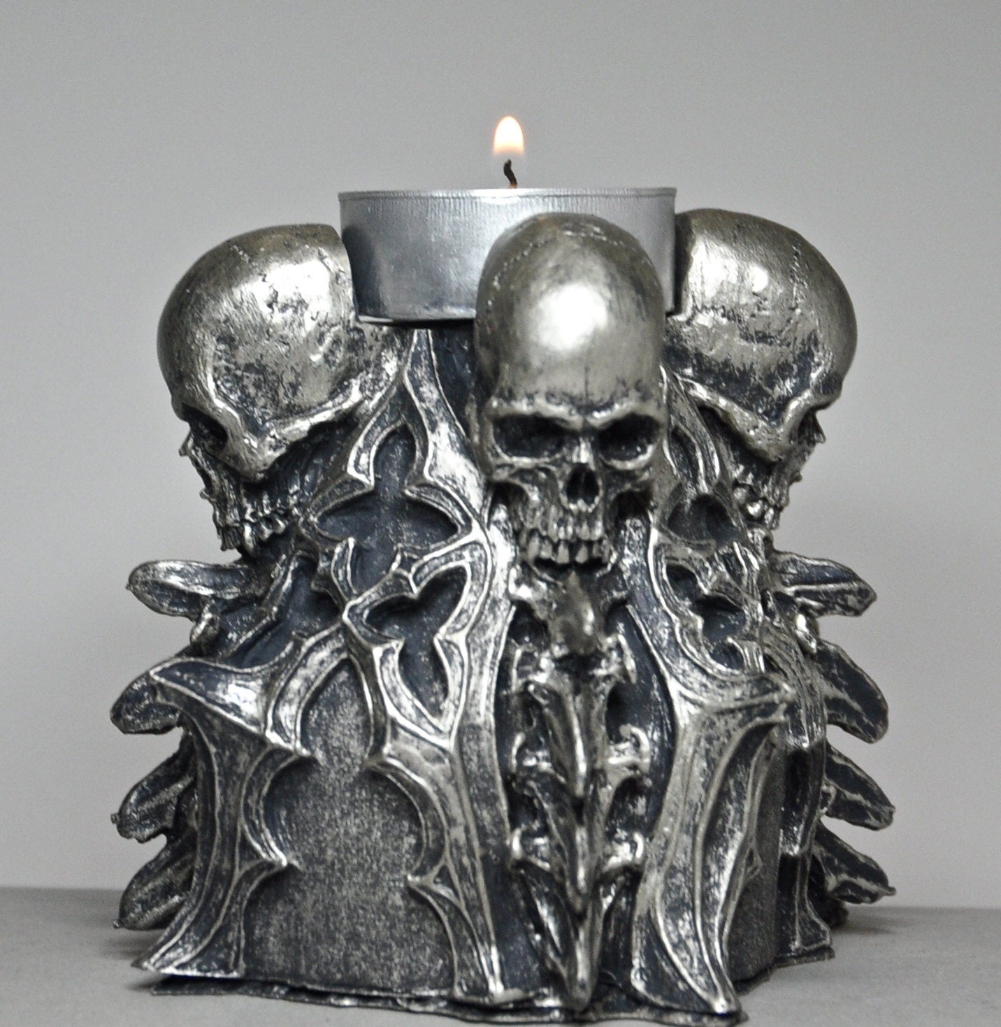 Requiem Gothic Tea Light Holder, Hand Sculpted Resin | Spooky Gothic Skull and Bones Candle Holder for Halloween Gift and Gothic Decor