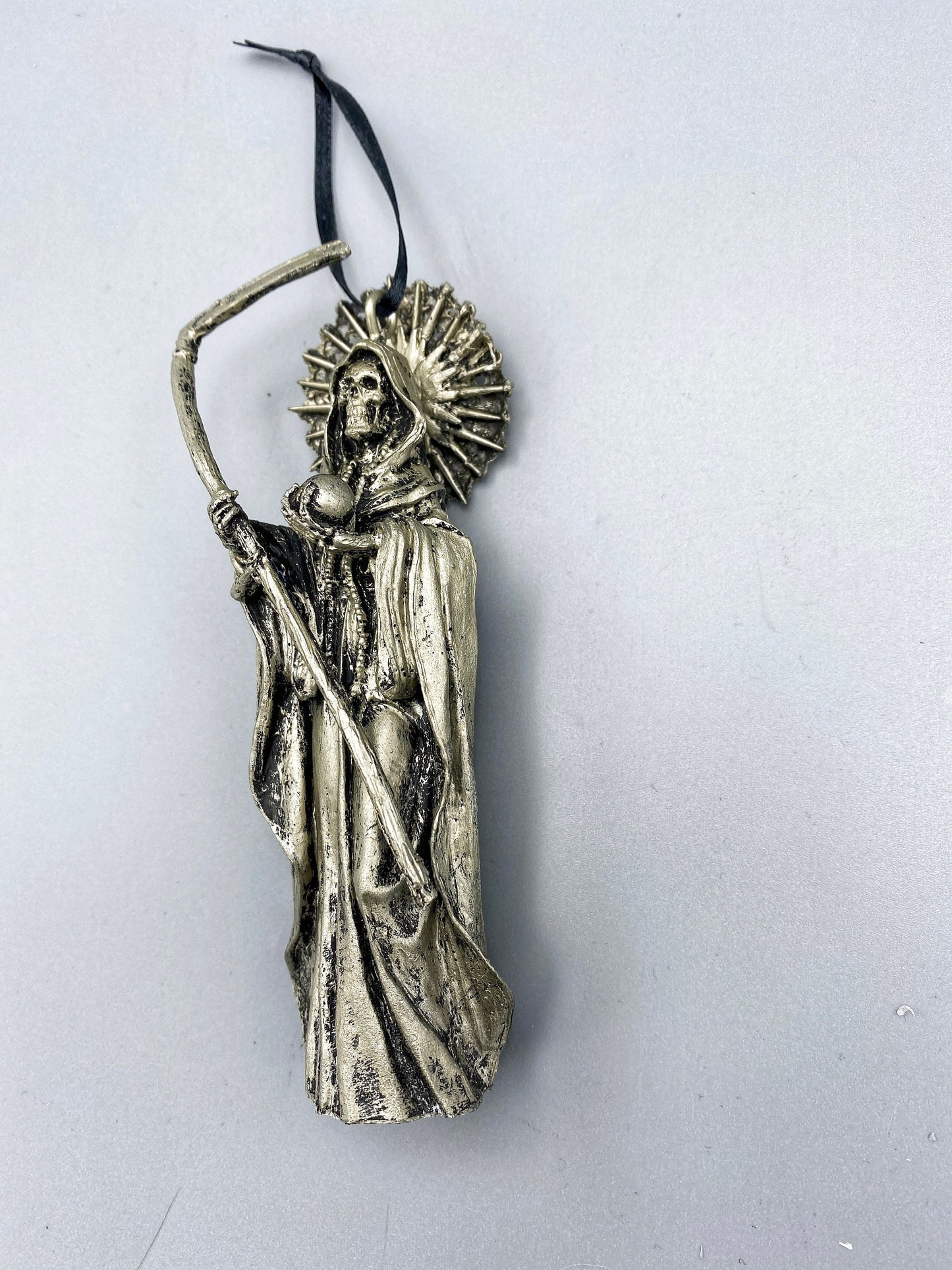 Santa Muerte Ornament, Hand Painted Sculpture | Mexican Saint of Death Altar Figurine | Gothic Ornament, Dia de los Muertos Holiday Decor