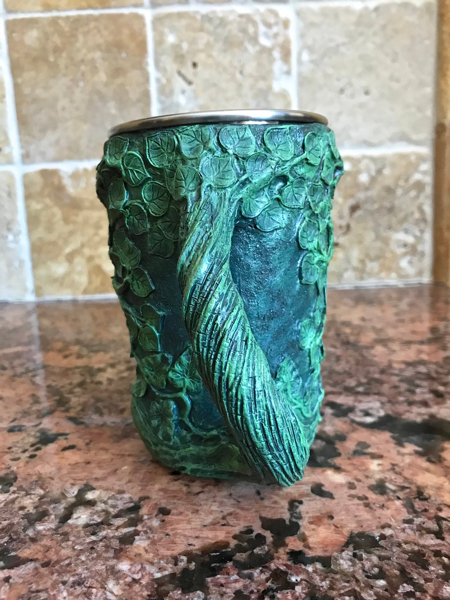 Dryad Mug, Green Hand Sculpted Resin Art Mug with Stainless Steel Liner| Fantasy Tree Spirit Mug, Witchy Cup Gift and Gothic Home Decor