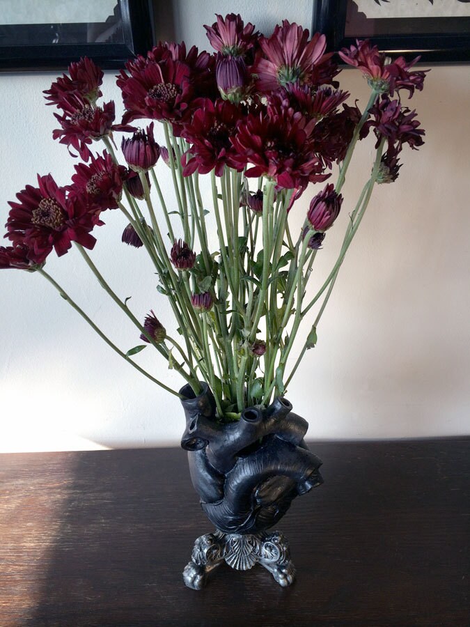 Anatomical Heart Vase, Black Finish | Unique Gothic Home Decor | Resin Sculpture Flower Vase, Medical Gift and Gothic Home Decor