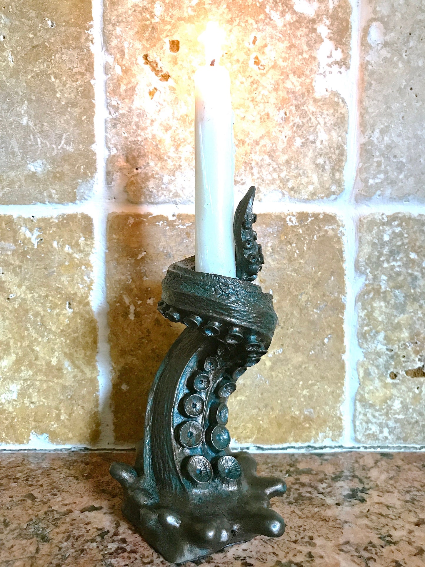 Tentacle Candlestick Holder, 6" Version, Resin Sculpture | Octopus Lovecraftian Tentacle Candle for Nautical Gift and Gothic Home Decor