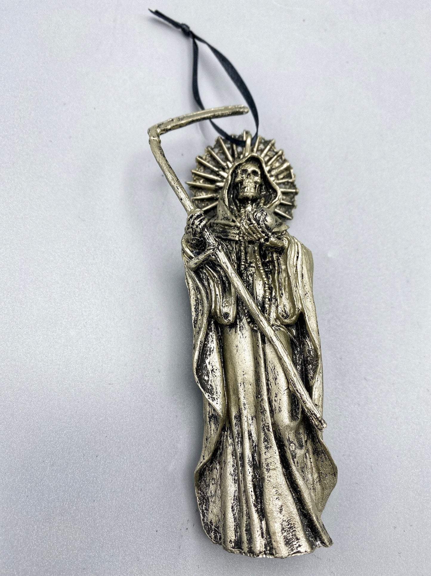 Santa Muerte Ornament, Hand Painted Sculpture | Mexican Saint of Death Altar Figurine | Gothic Ornament, Dia de los Muertos Holiday Decor