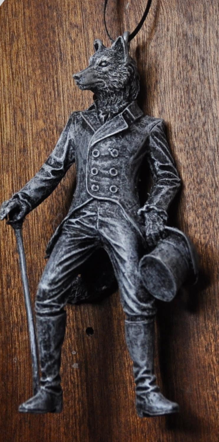 Gentleman Wolf Ornament, Hand Painted Resin Sculpture | Mythical Creature Figurine | Unique Fairy Tale Werewolf Ornament. Fantasy Art Decor