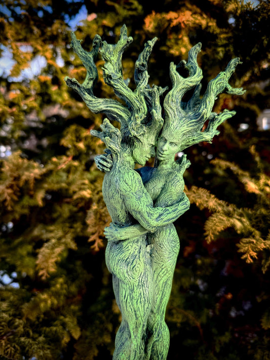 Amor Silvanus: Embracing Dryads Statue, Green Version | Mythical Forest Creature Figurine | Woodland Tree Spirit Couple, Fantasy Art Decor